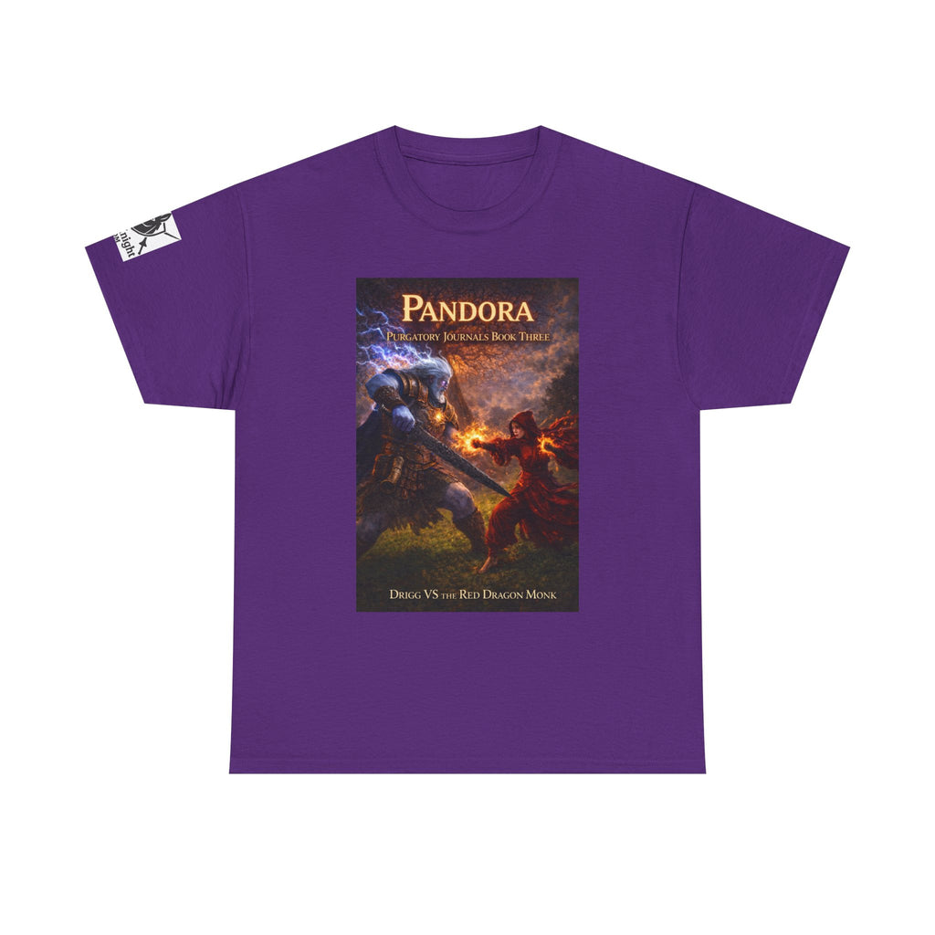 Pandora Drigg Vs Red Dragon Monk on Front - Pandora book cover on back -Purgatory Journals Book 3 -  Graphic Tee — Fantasy Novel tee