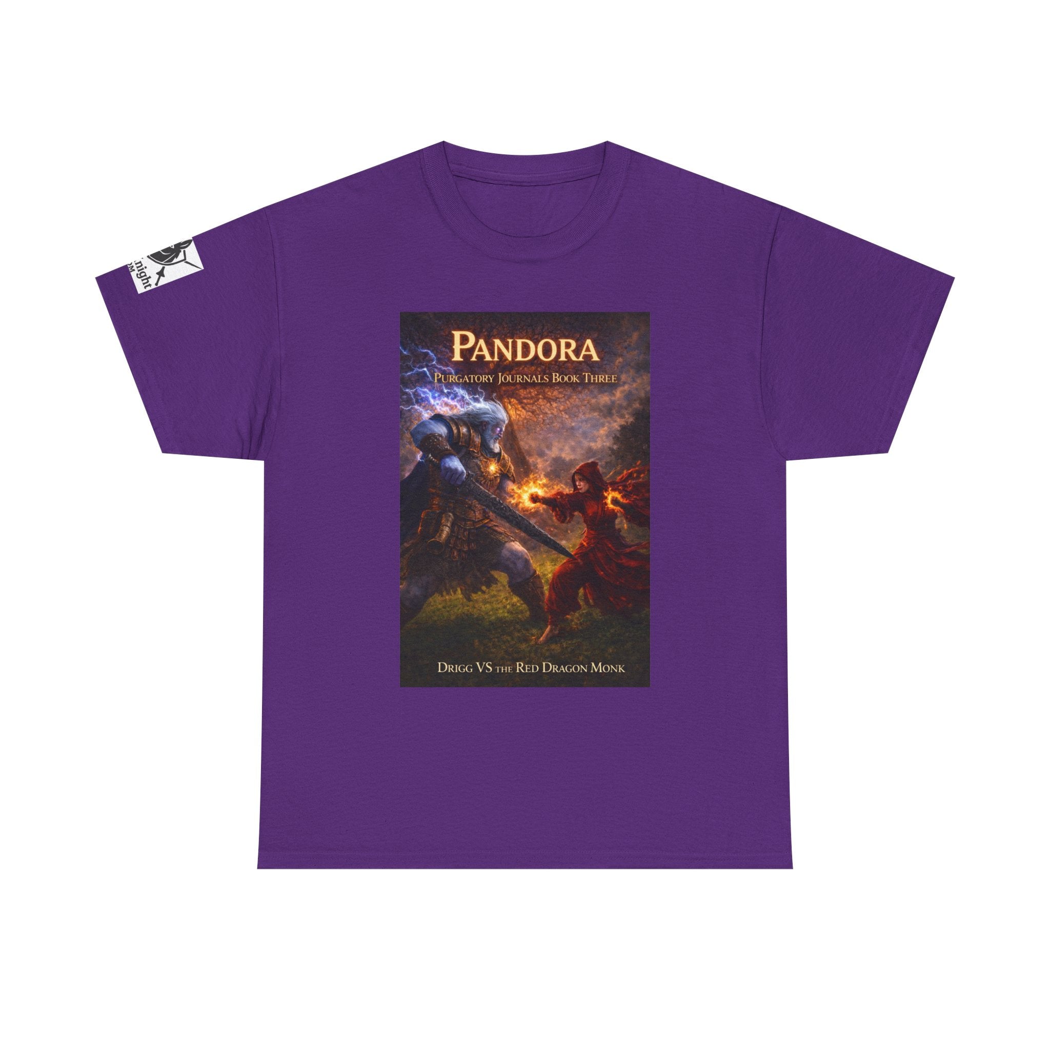 Pandora Drigg Vs Red Dragon Monk on Front - Pandora book cover on back -Purgatory Journals Book 3 -  Graphic Tee — Fantasy Novel tee