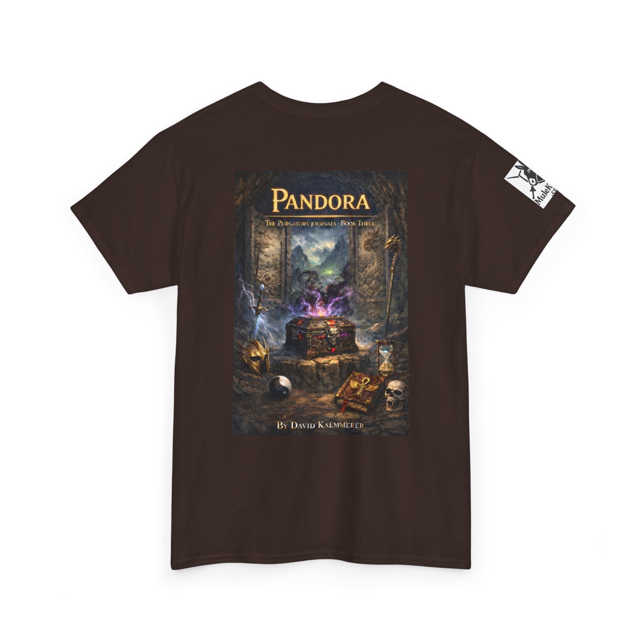 Pandora Bocca and Roland Defending Wood Home on Front - Pandora book cover on back -Purgatory Journals Book 3 -  Graphic Tee — Fantasy Novel tee