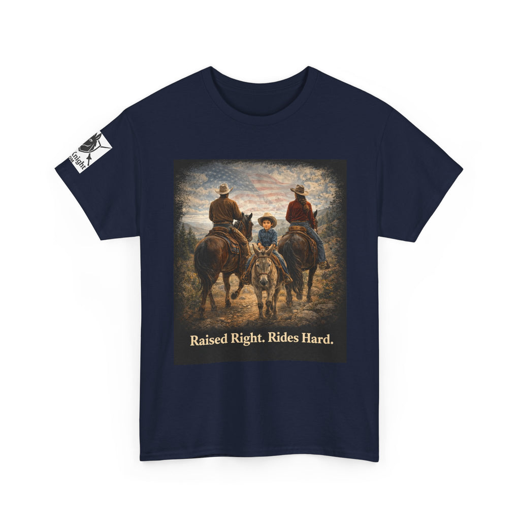 Raised Right Rides Hard USA Flag T-Shirt — Cowboy Landscape Graphic Tee
