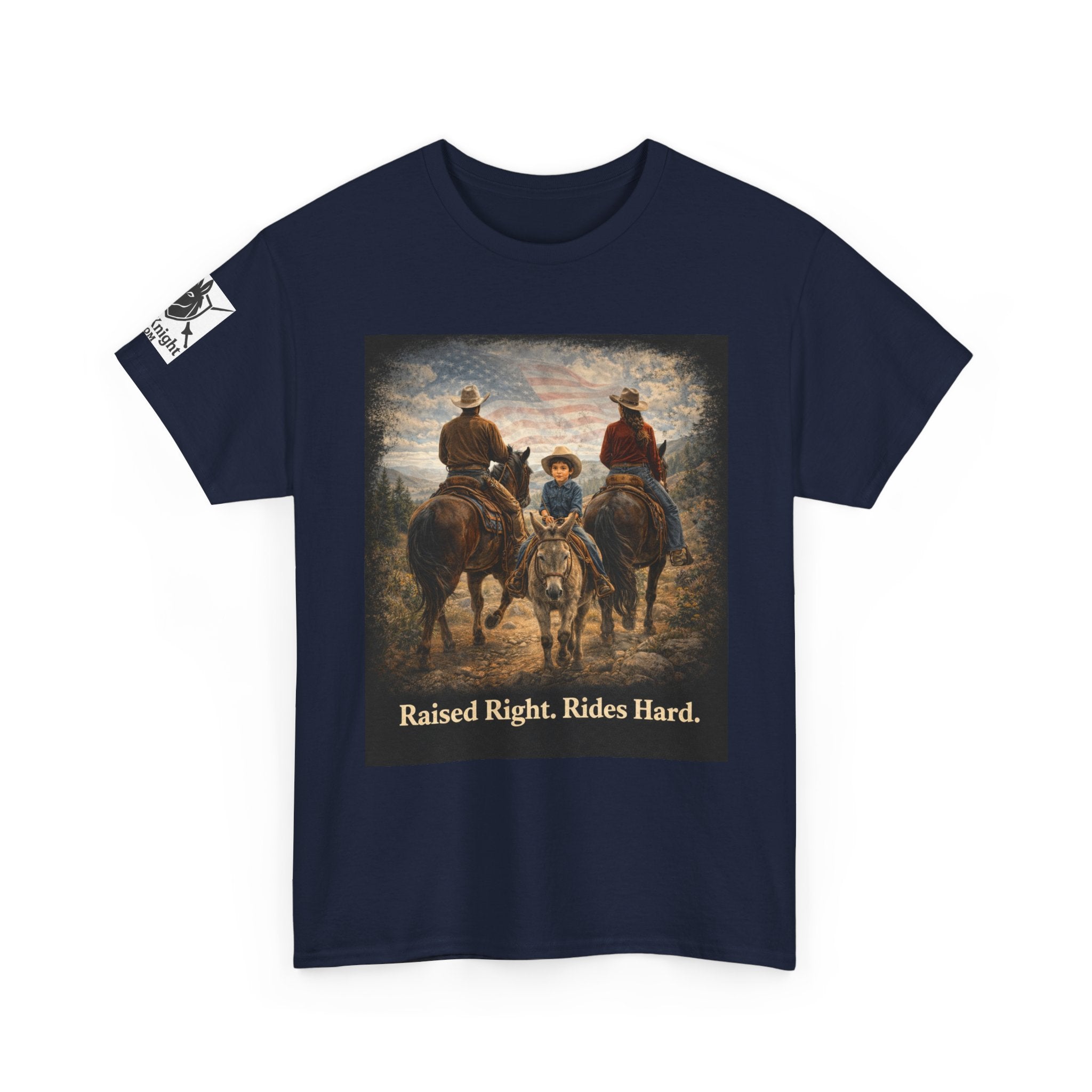 Raised Right Rides Hard USA Flag T-Shirt — Cowboy Landscape Graphic Tee