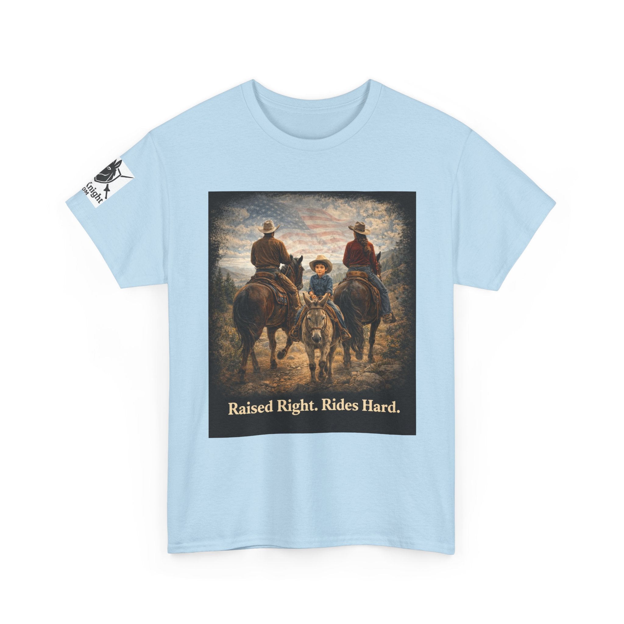 Raised Right Rides Hard USA Flag T-Shirt — Cowboy Landscape Graphic Tee