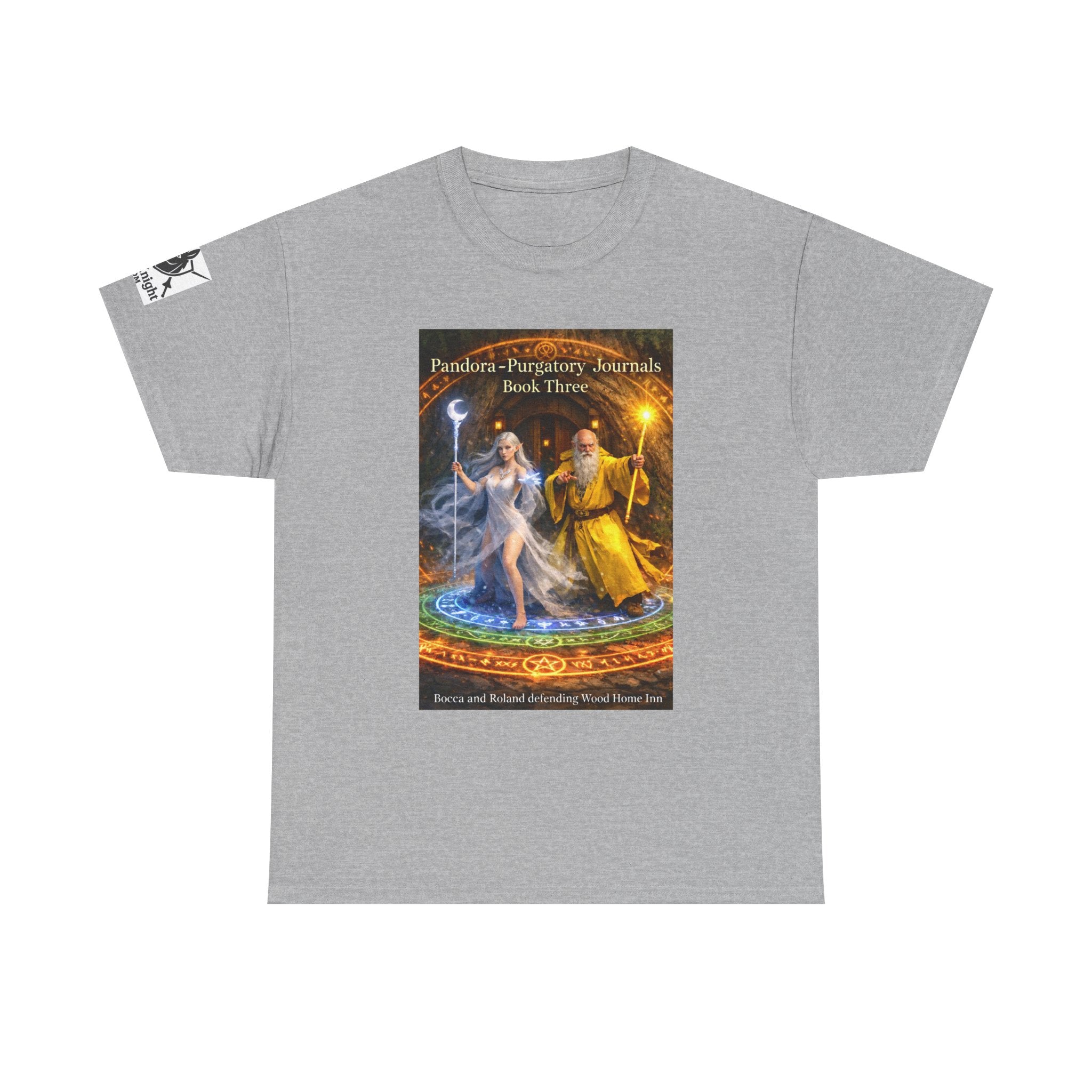 Pandora Bocca and Roland Defending Wood Home on Front - Pandora book cover on back -Purgatory Journals Book 3 -  Graphic Tee — Fantasy Novel tee