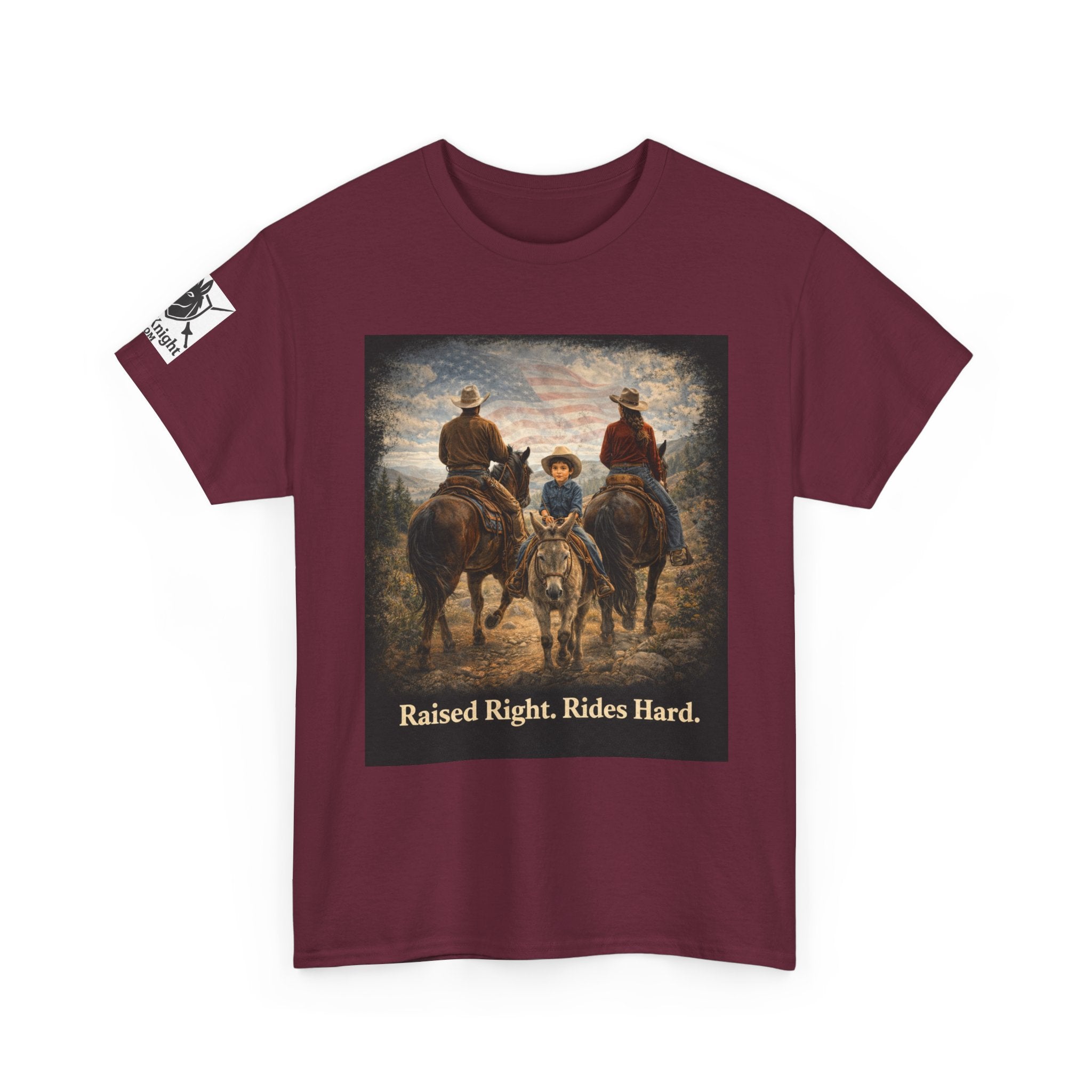 Raised Right Rides Hard USA Flag T-Shirt — Cowboy Landscape Graphic Tee
