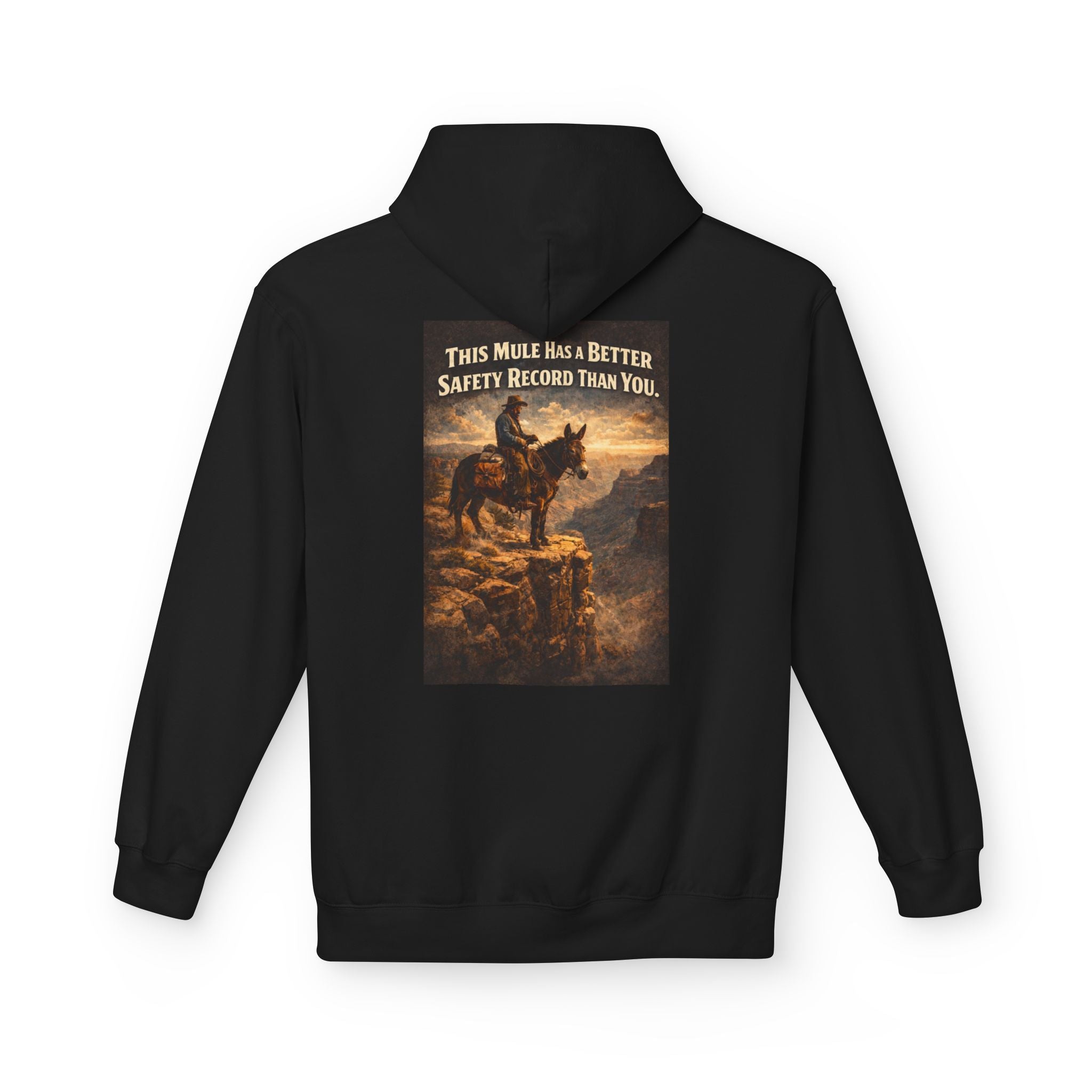 Riding Mule Graphic Hoodie – "This Mule Has a Better Safety Record Than You" Outdoor Adventure Sweatshirt