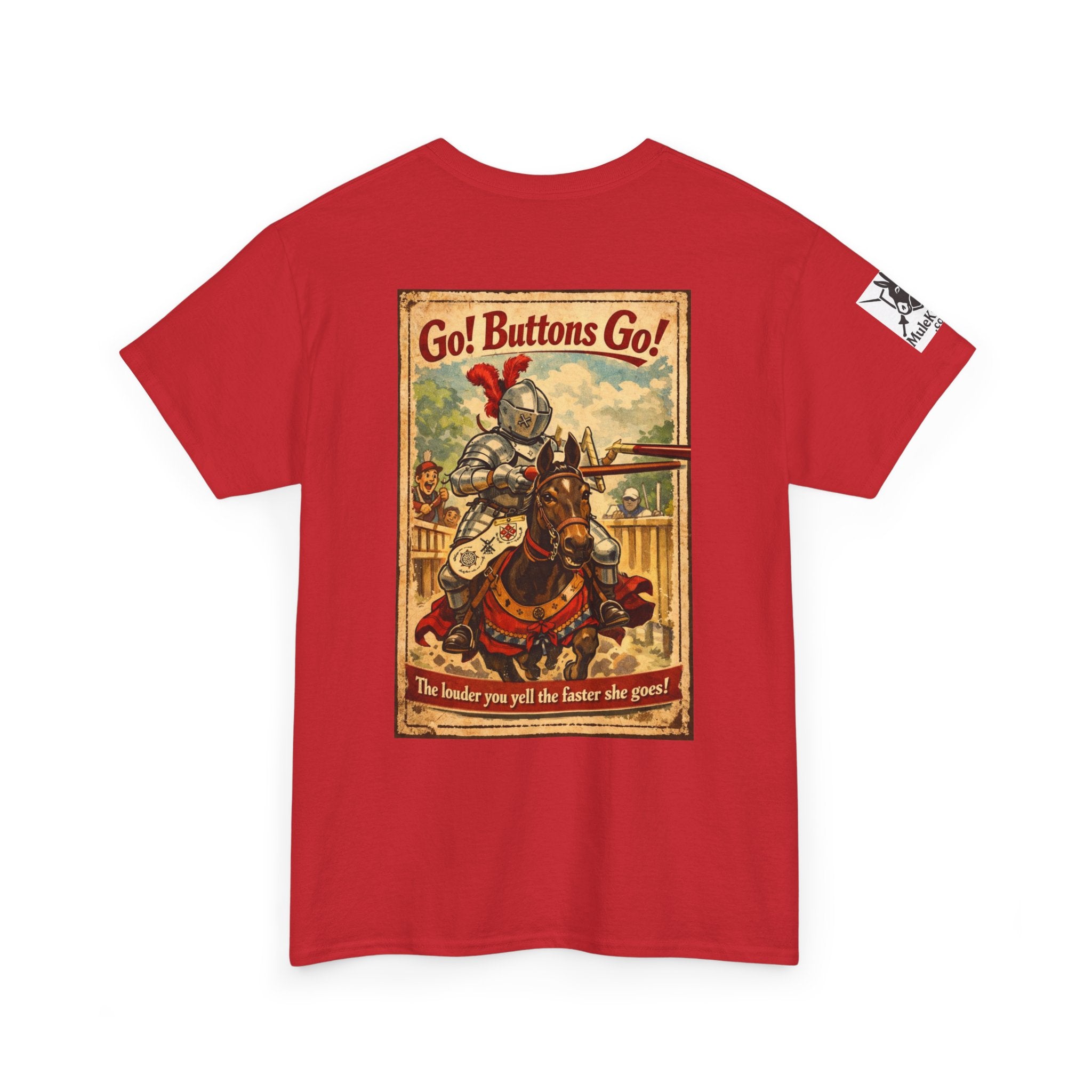 Vintage ‘Go! Buttons Go!’ Knight Graphic Tee — Retro Medieval T-Shirt