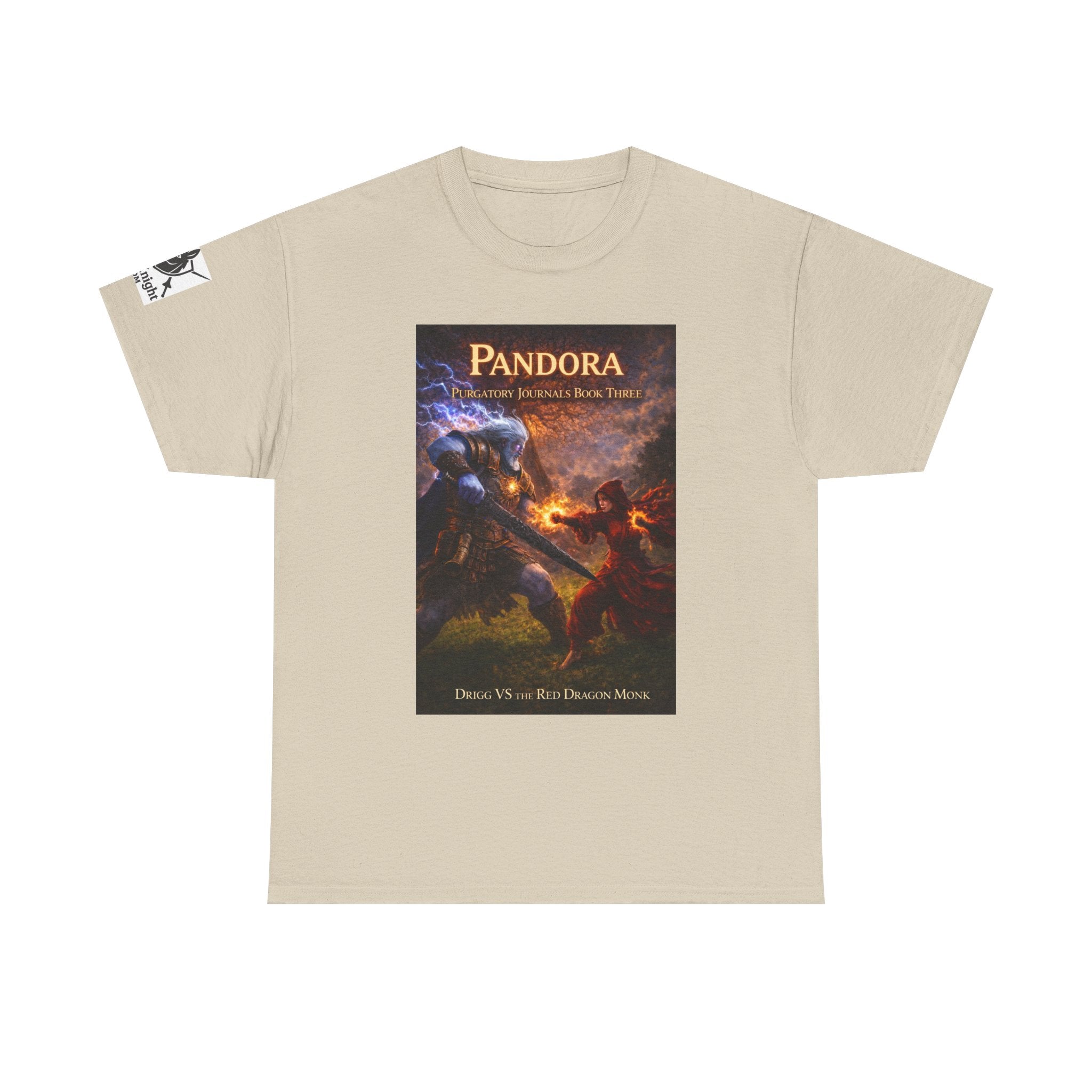 Pandora Drigg Vs Red Dragon Monk on Front - Pandora book cover on back -Purgatory Journals Book 3 -  Graphic Tee — Fantasy Novel tee