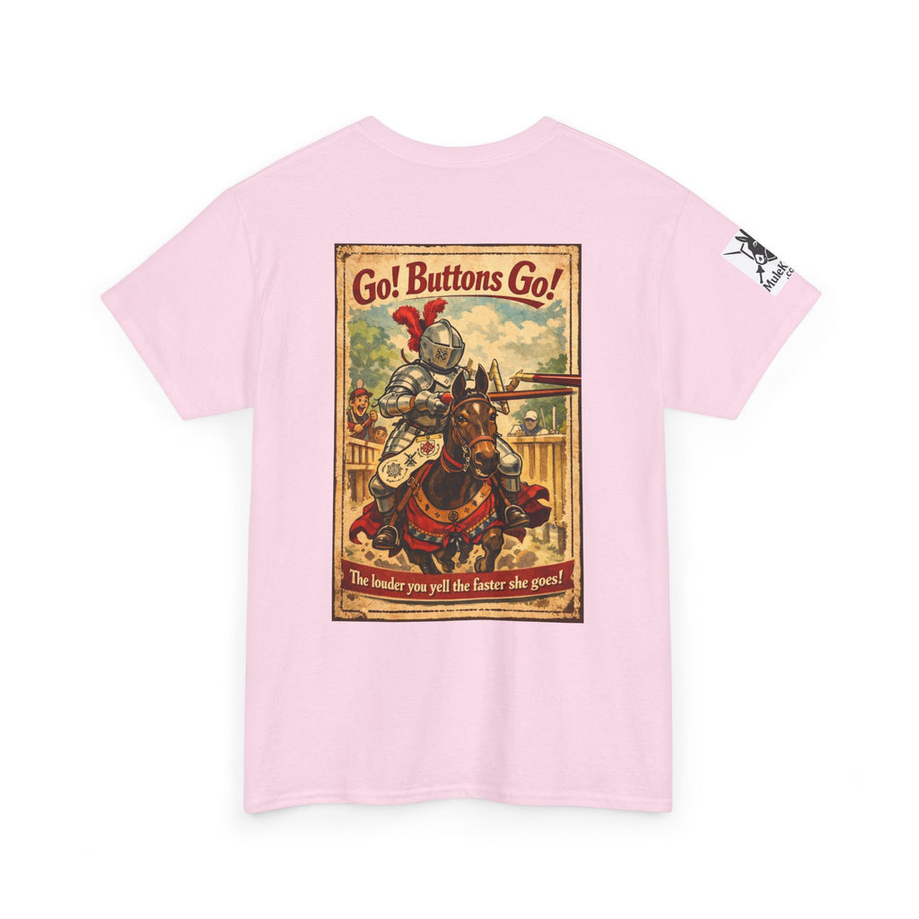 Vintage ‘Go! Buttons Go!’ Knight Graphic Tee — Retro Medieval T-Shirt