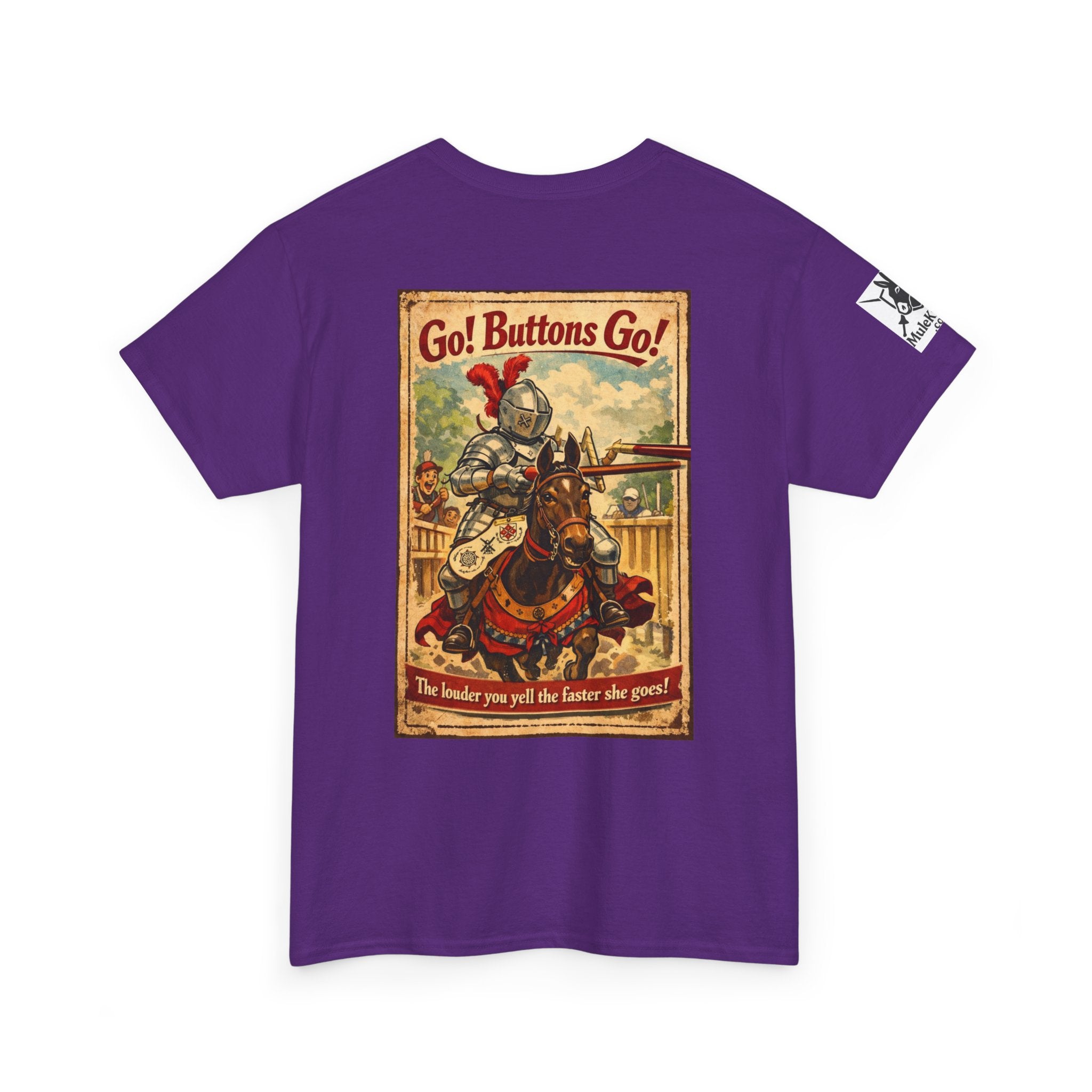Vintage ‘Go! Buttons Go!’ Knight Graphic Tee — Retro Medieval T-Shirt
