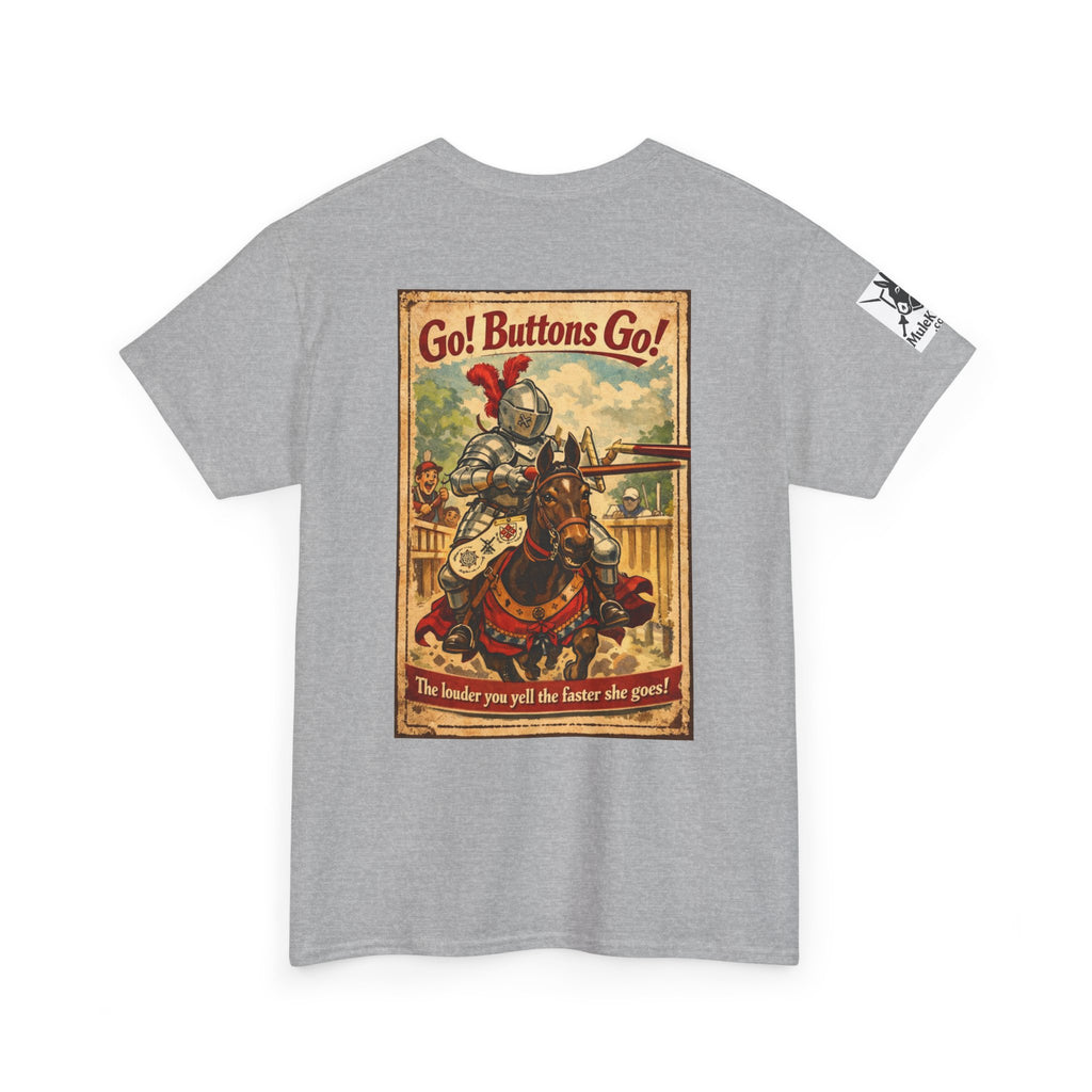 Vintage ‘Go! Buttons Go!’ Knight Graphic Tee — Retro Medieval T-Shirt
