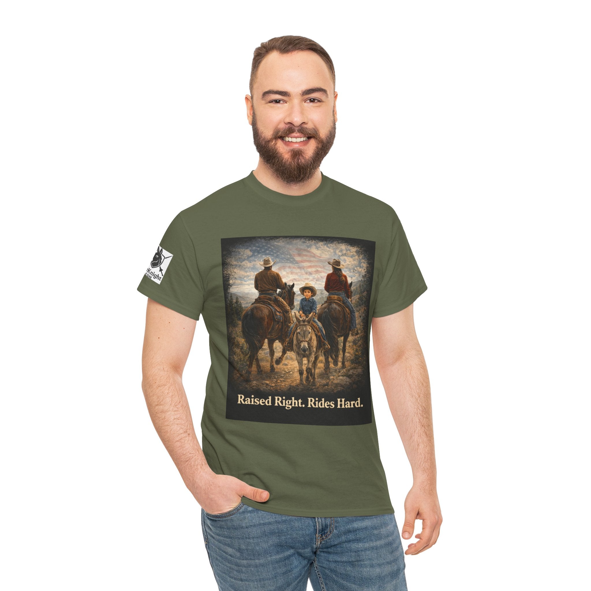 Raised Right Rides Hard USA Flag T-Shirt — Cowboy Landscape Graphic Tee