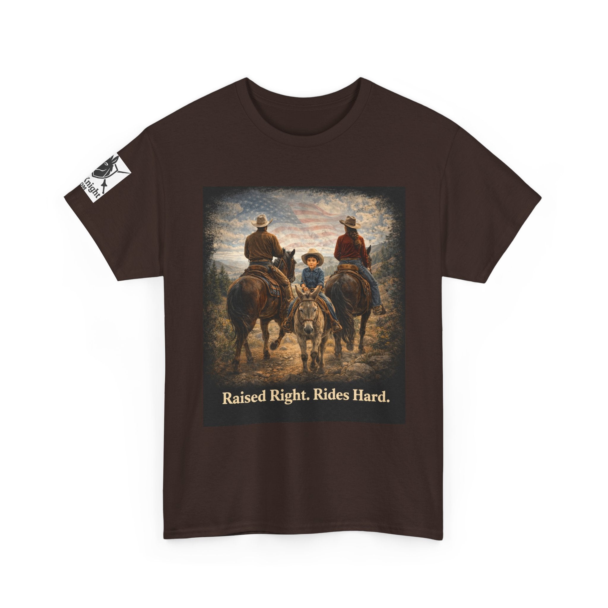 Raised Right Rides Hard USA Flag T-Shirt — Cowboy Landscape Graphic Tee