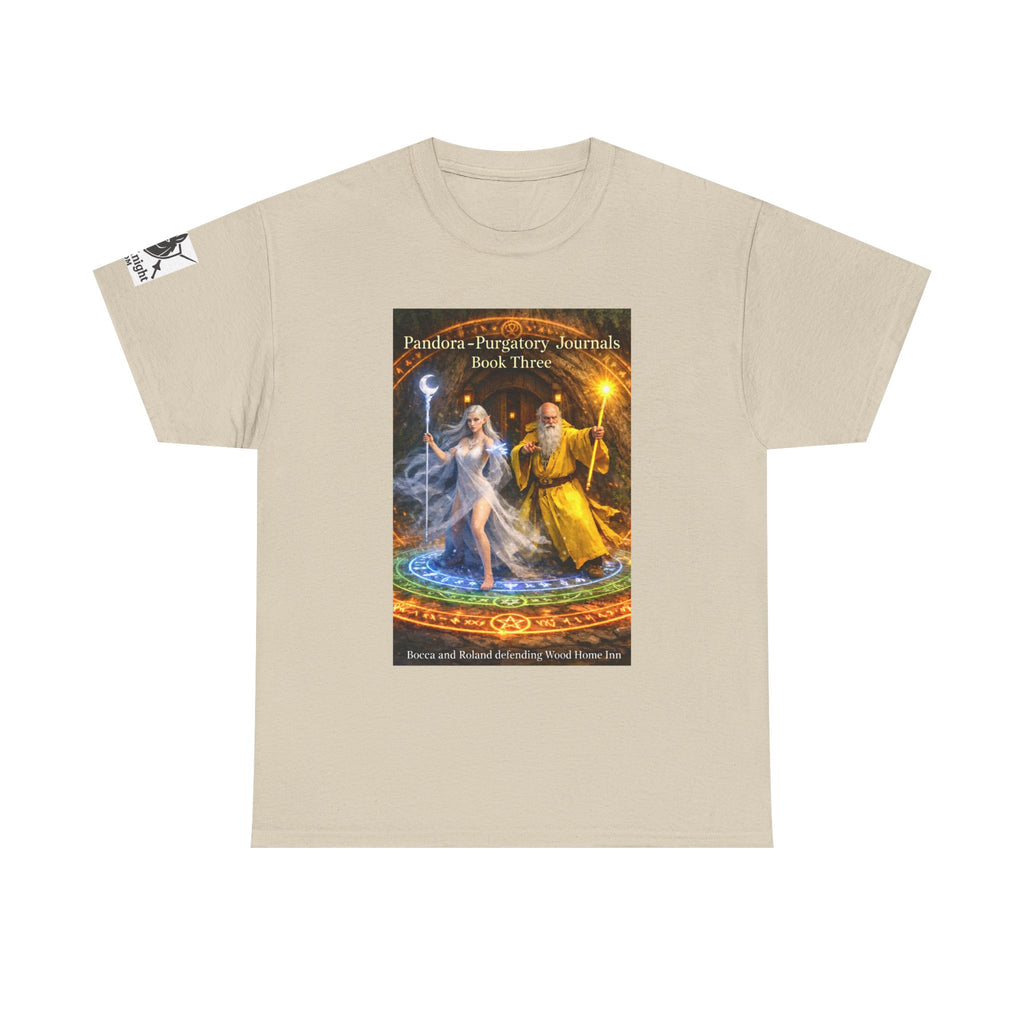 Pandora Bocca and Roland Defending Wood Home on Front - Pandora book cover on back -Purgatory Journals Book 3 -  Graphic Tee — Fantasy Novel tee