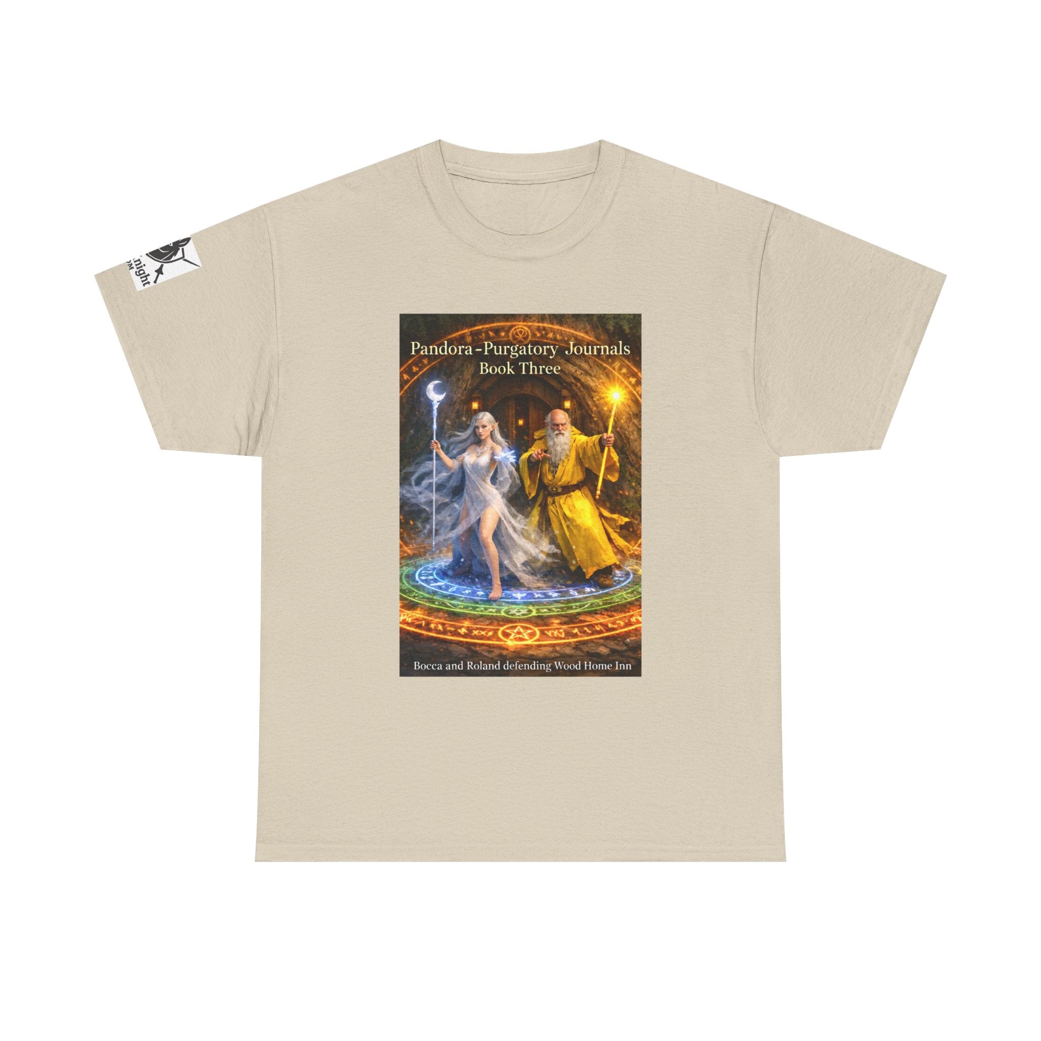 Pandora Bocca and Roland Defending Wood Home on Front - Pandora book cover on back -Purgatory Journals Book 3 -  Graphic Tee — Fantasy Novel tee