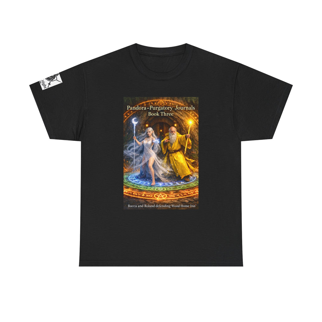 Pandora Bocca and Roland Defending Wood Home on Front - Pandora book cover on back -Purgatory Journals Book 3 -  Graphic Tee — Fantasy Novel tee