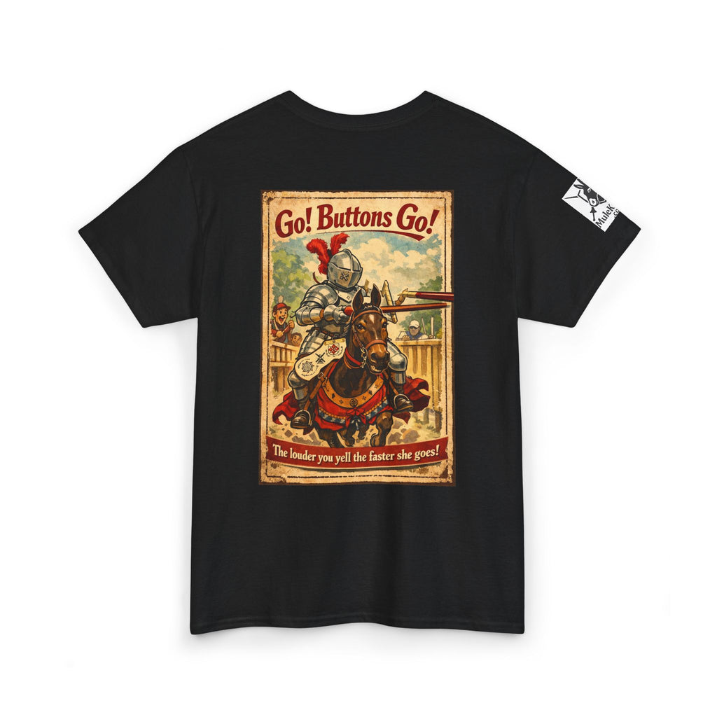Vintage ‘Go! Buttons Go!’ Knight Graphic Tee — Retro Medieval T-Shirt