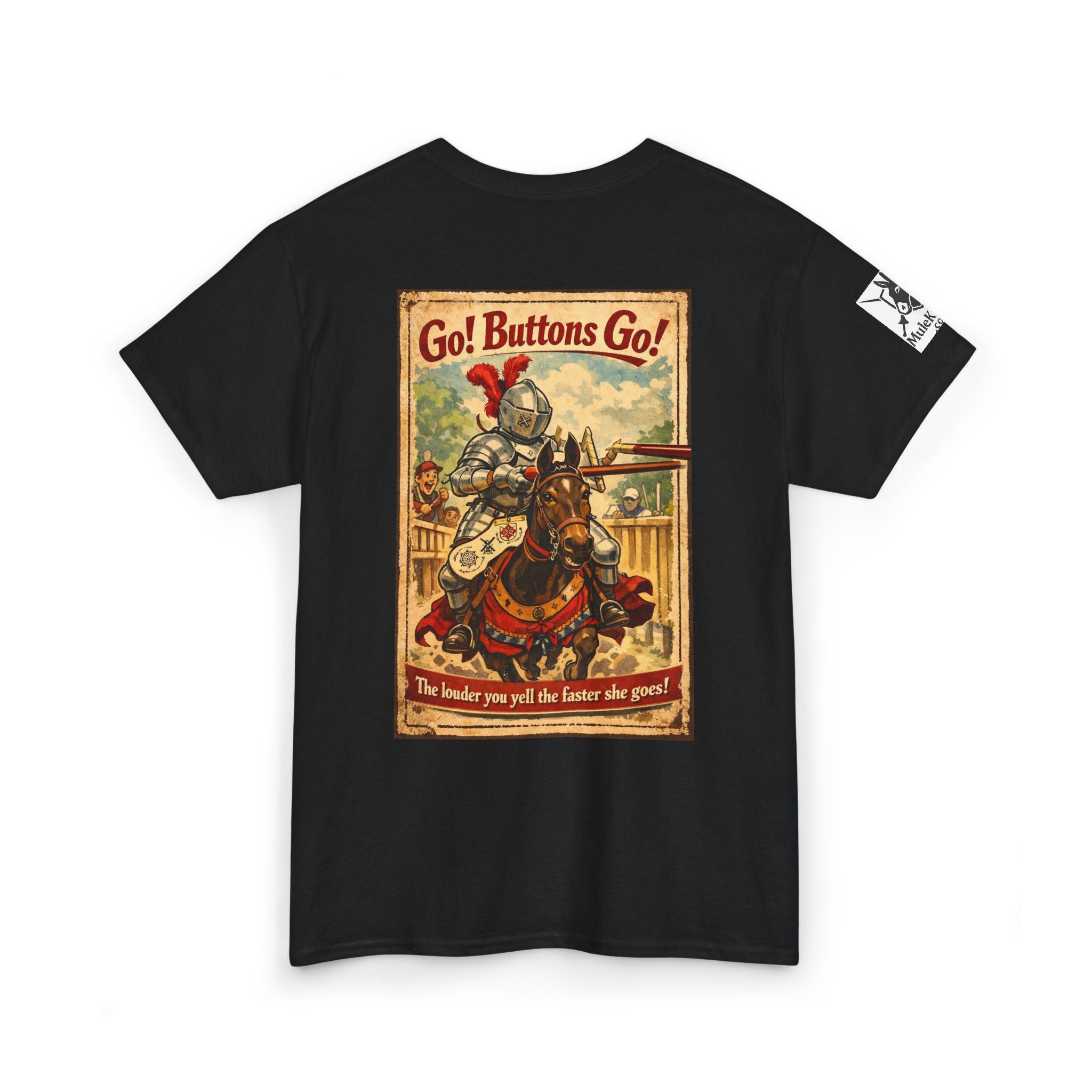 Vintage ‘Go! Buttons Go!’ Knight Graphic Tee — Retro Medieval T-Shirt