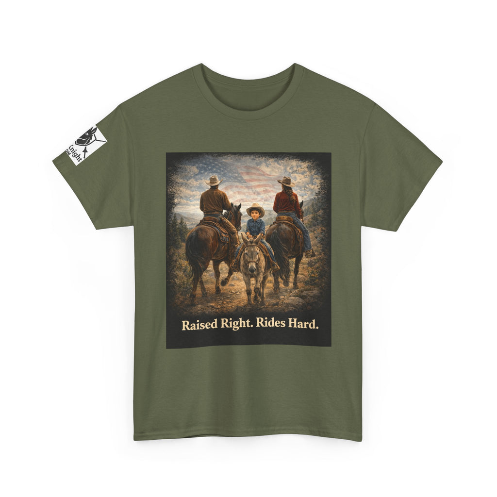 Raised Right Rides Hard USA Flag T-Shirt — Cowboy Landscape Graphic Tee