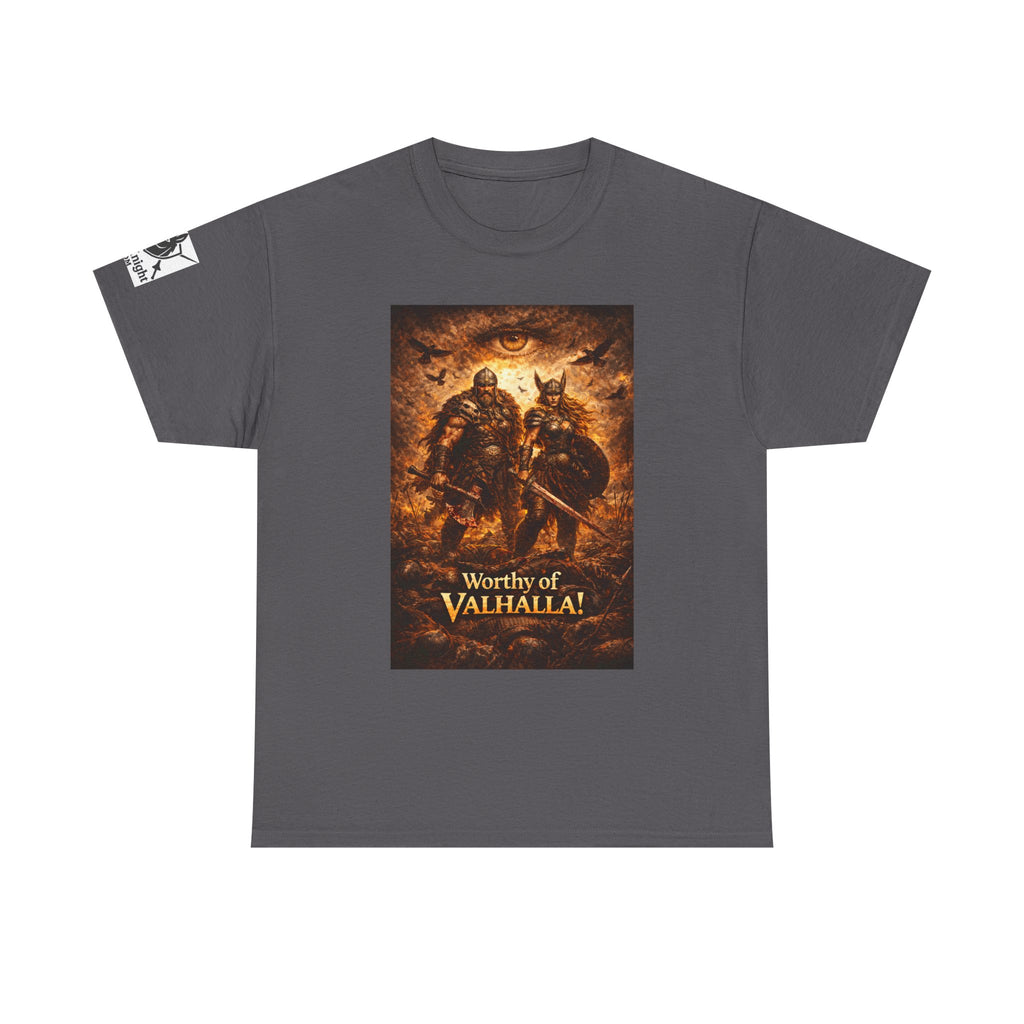 Viking shirt - Viking man and woman on battlefield of ravens - Text of Worthy of Valhalla!   Viking tee
