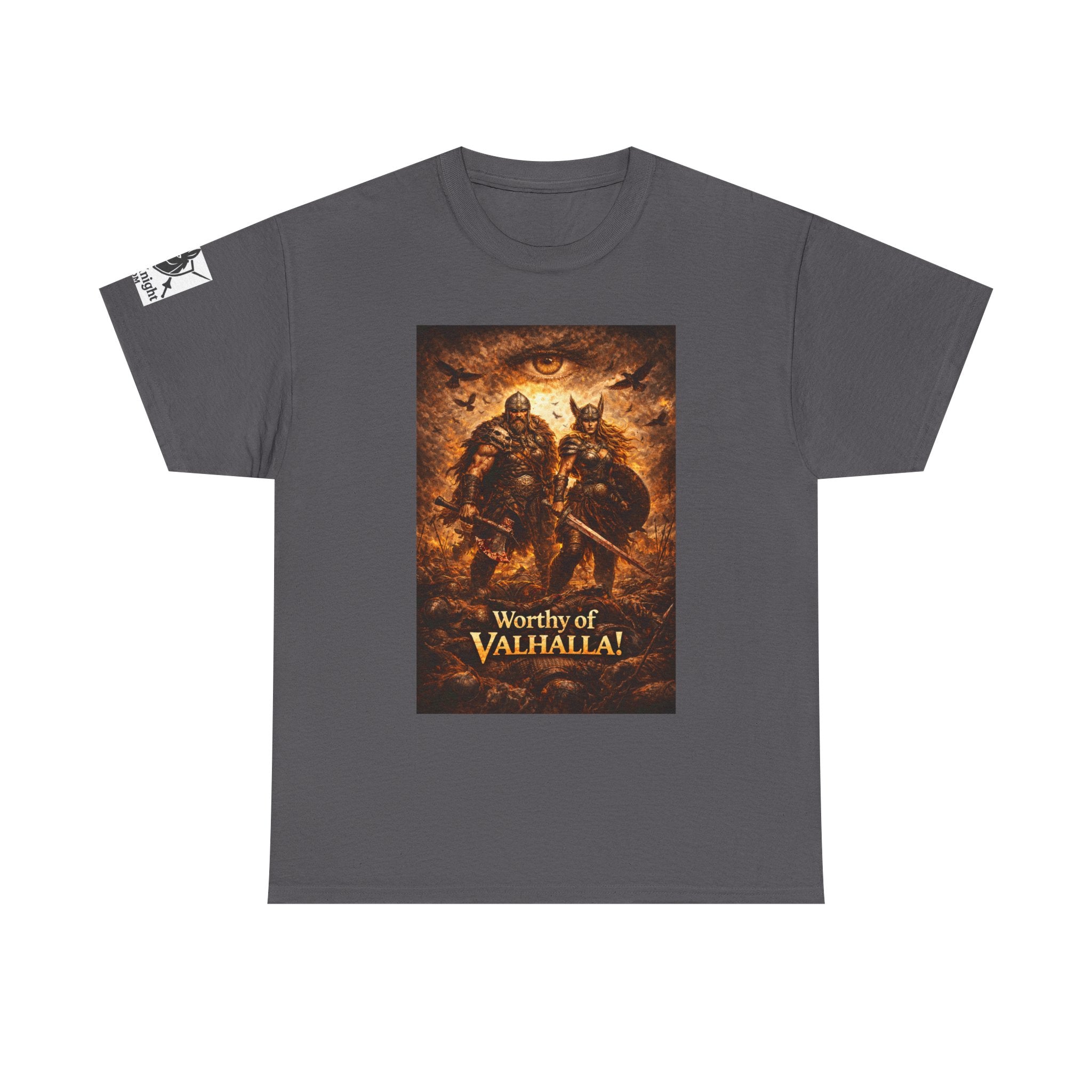Viking shirt - Viking man and woman on battlefield of ravens - Text of Worthy of Valhalla!   Viking tee