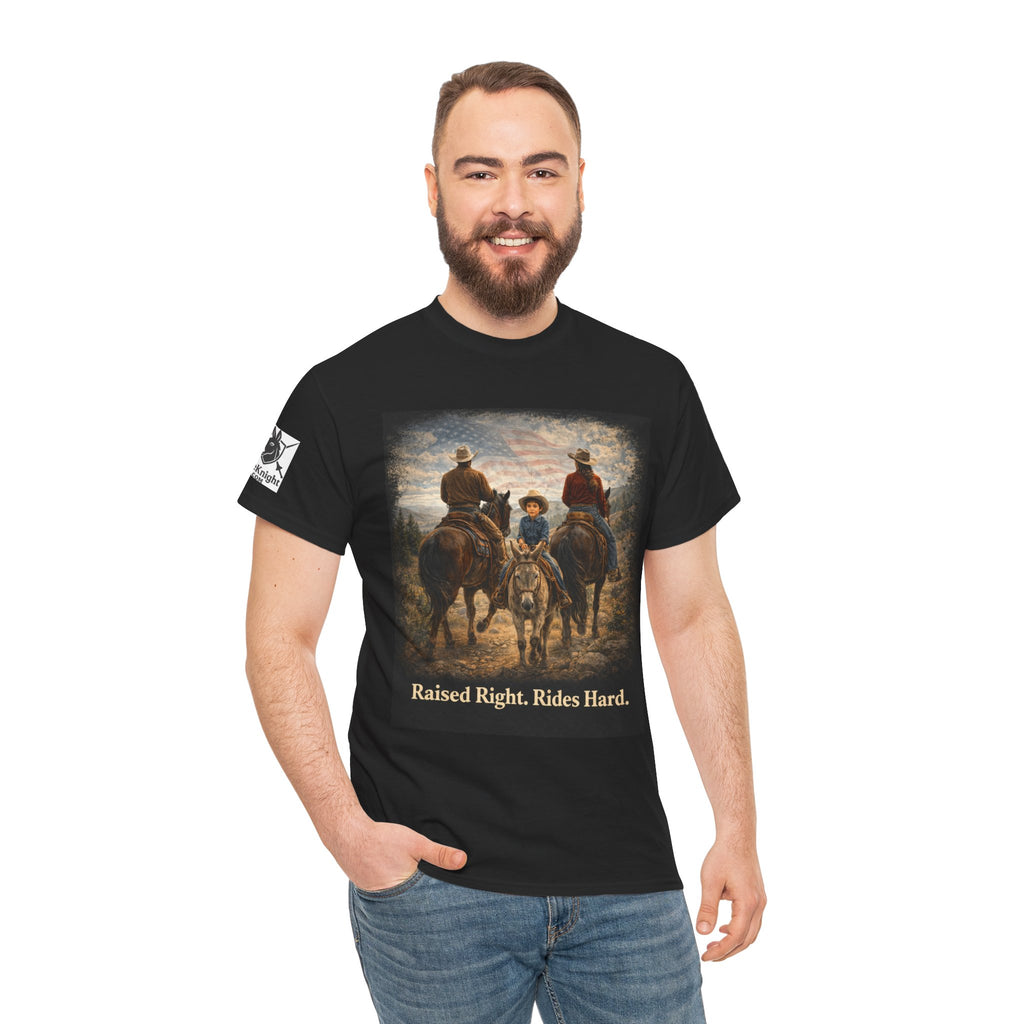 Raised Right Rides Hard USA Flag T-Shirt — Cowboy Landscape Graphic Tee