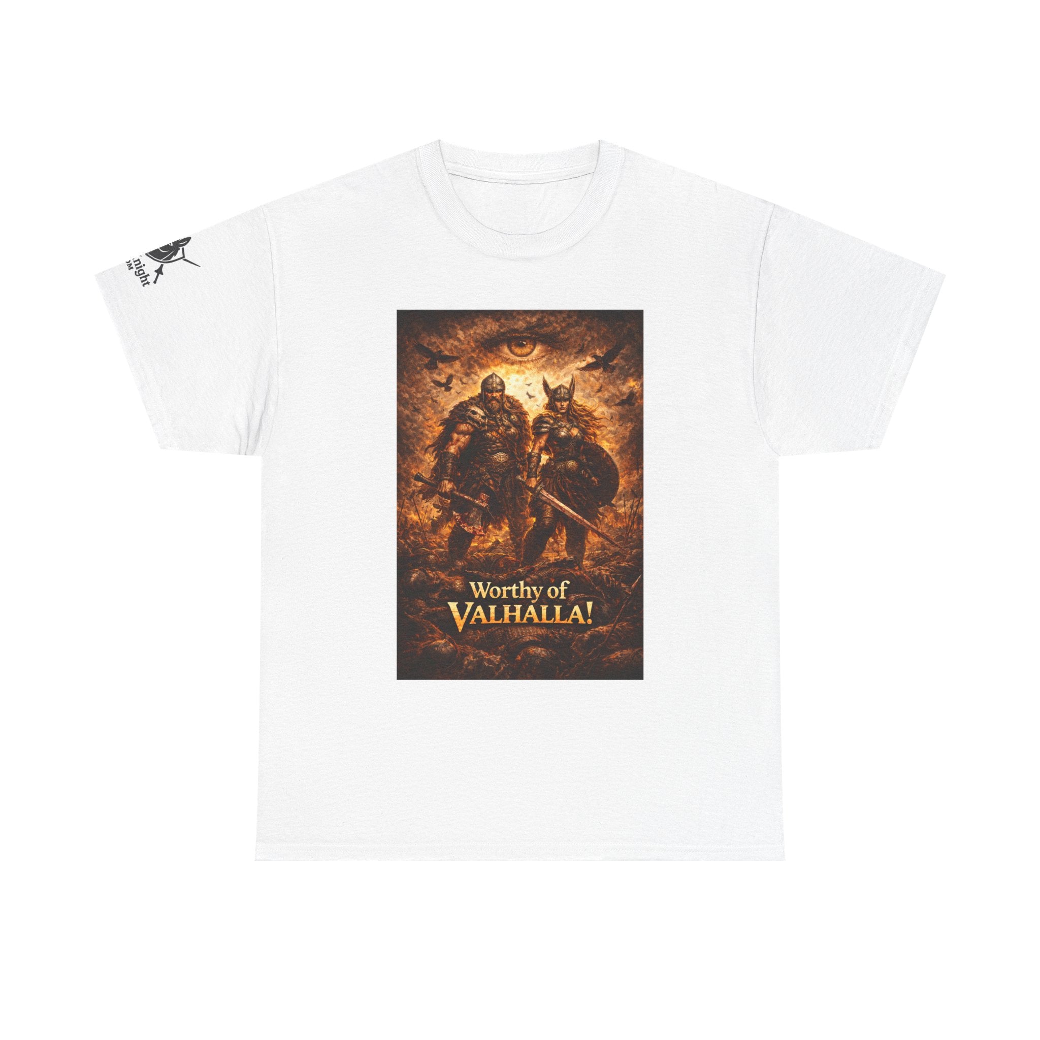 Viking shirt - Viking man and woman on battlefield of ravens - Text of Worthy of Valhalla!   Viking tee