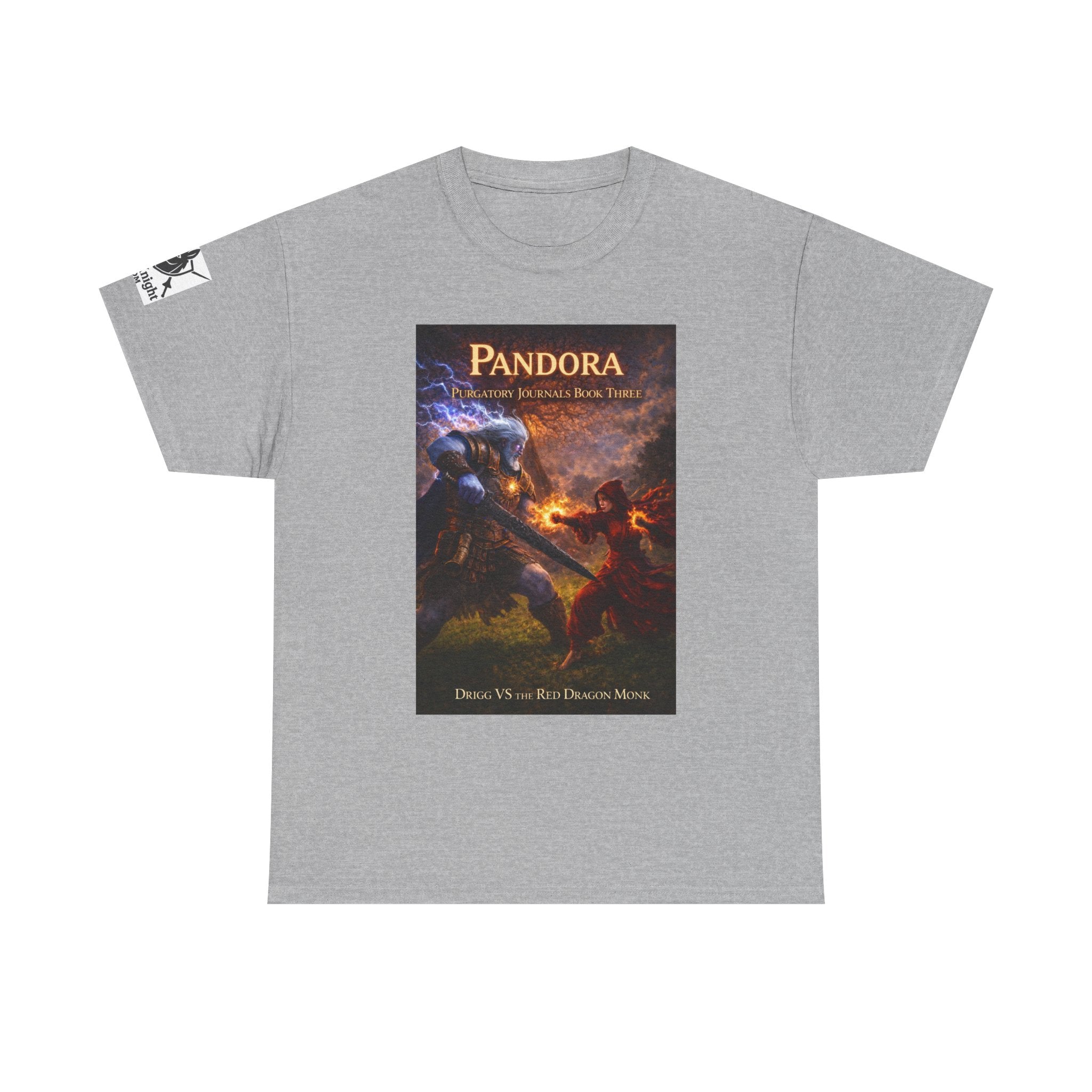 Pandora Drigg Vs Red Dragon Monk on Front - Pandora book cover on back -Purgatory Journals Book 3 -  Graphic Tee — Fantasy Novel tee