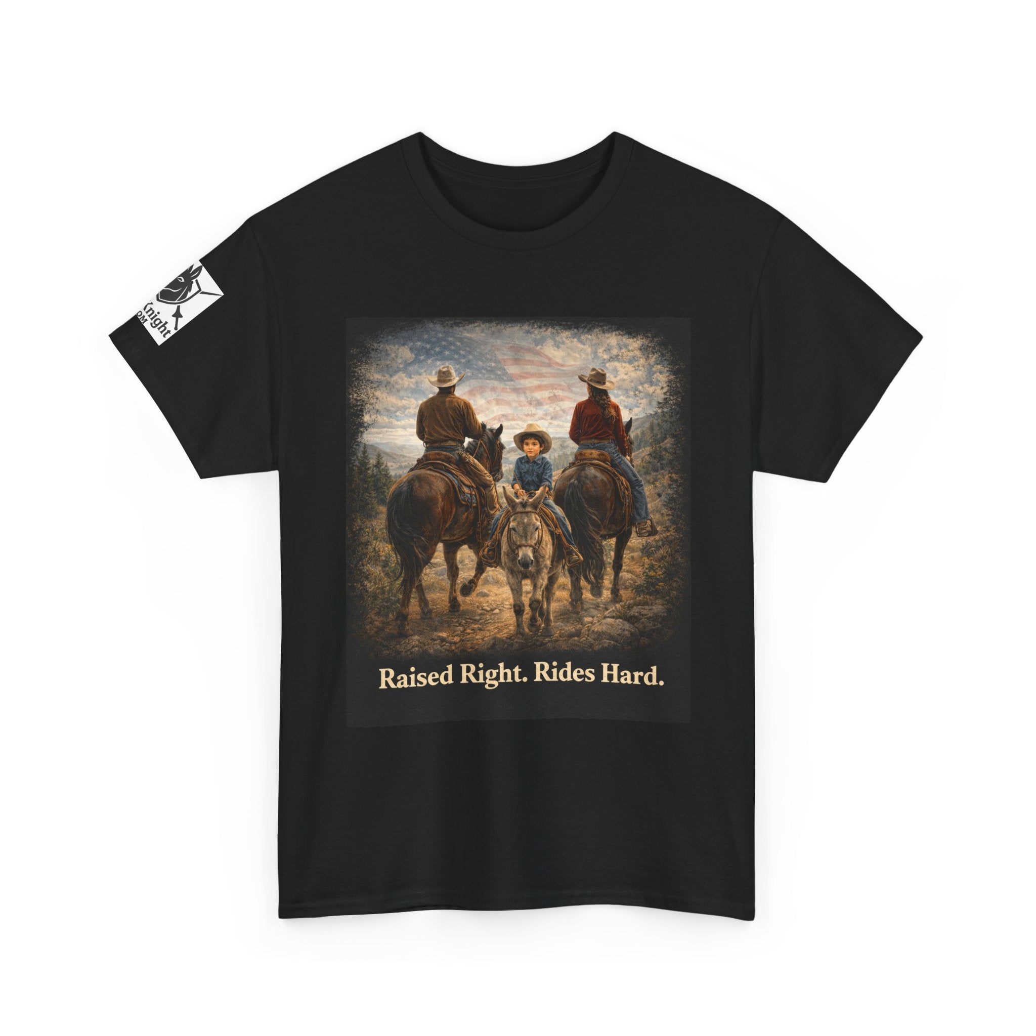 Raised Right Rides Hard USA Flag T-Shirt — Cowboy Landscape Graphic Tee