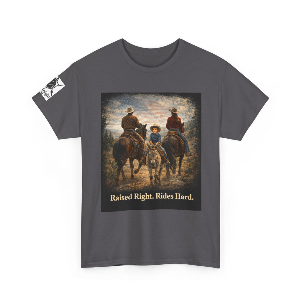 Raised Right Rides Hard USA Flag T-Shirt — Cowboy Landscape Graphic Tee
