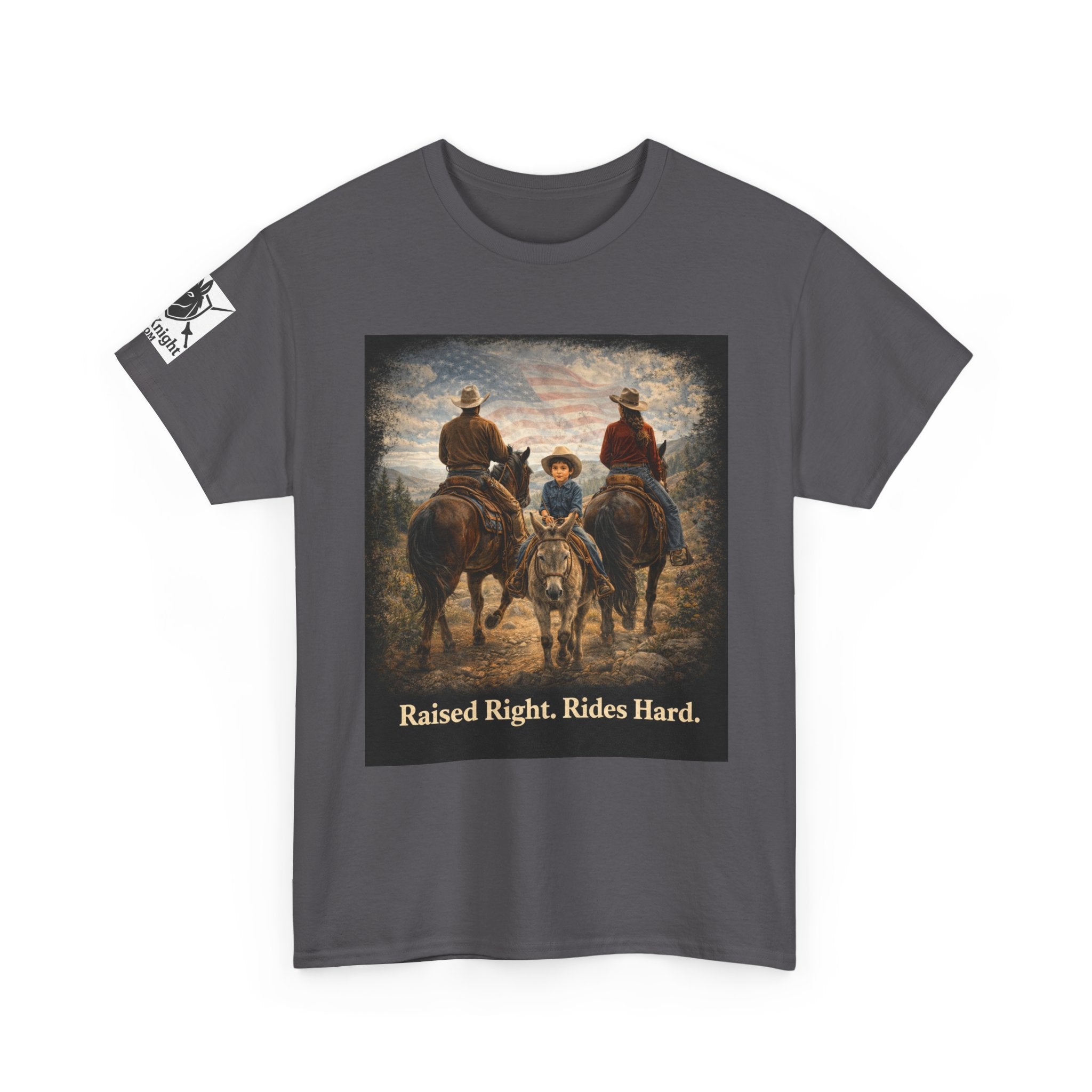 Raised Right Rides Hard USA Flag T-Shirt — Cowboy Landscape Graphic Tee