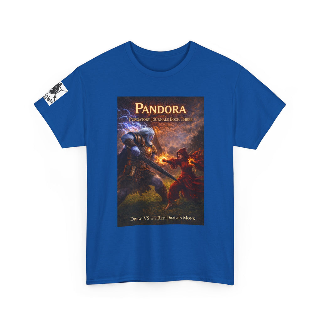 Pandora Drigg Vs Red Dragon Monk on Front - Pandora book cover on back -Purgatory Journals Book 3 -  Graphic Tee — Fantasy Novel tee