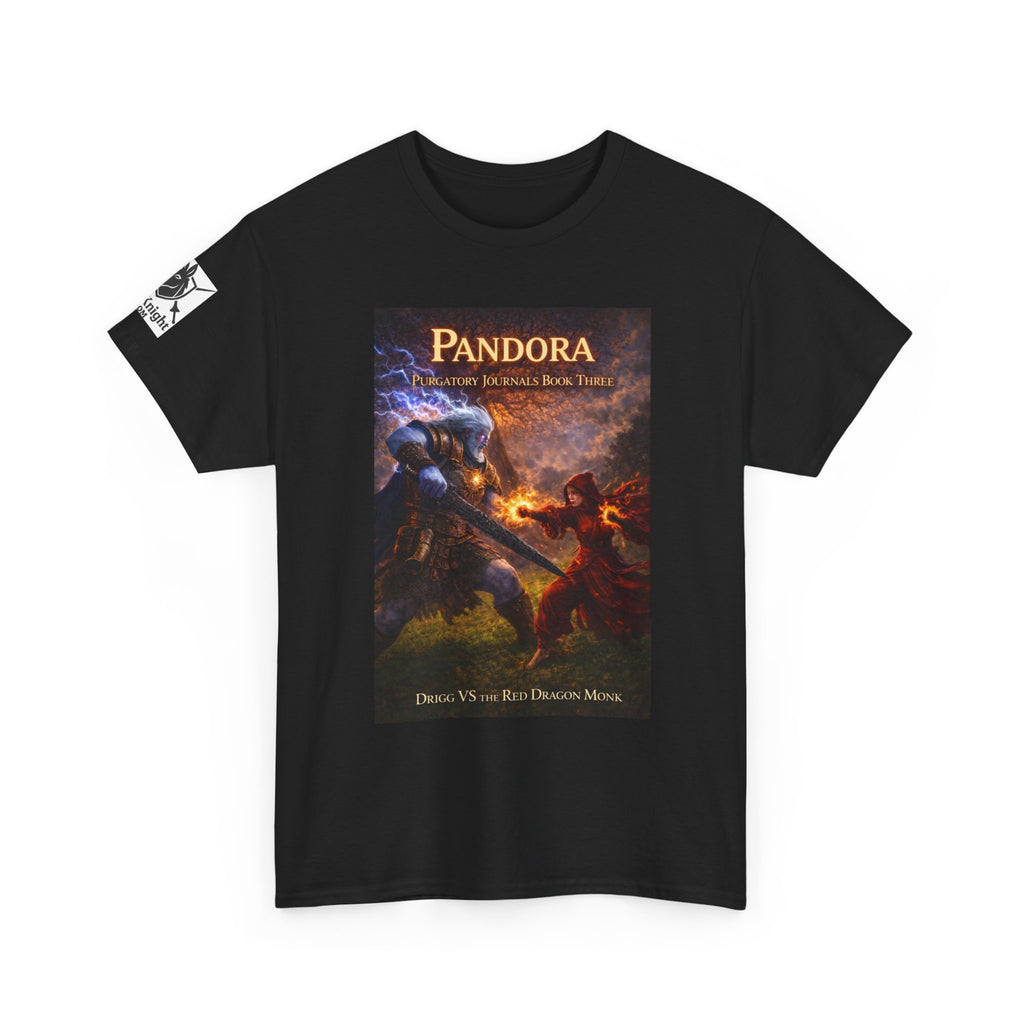Pandora Drigg Vs Red Dragon Monk on Front - Pandora book cover on back -Purgatory Journals Book 3 -  Graphic Tee — Fantasy Novel tee