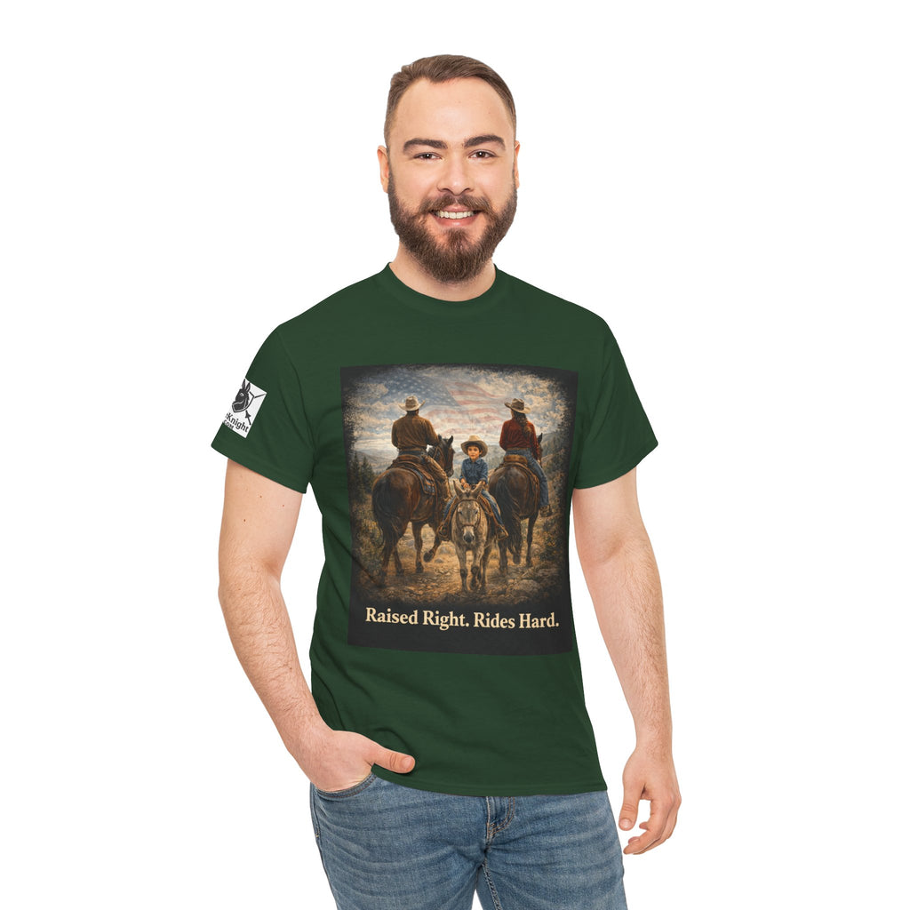 Raised Right Rides Hard USA Flag T-Shirt — Cowboy Landscape Graphic Tee