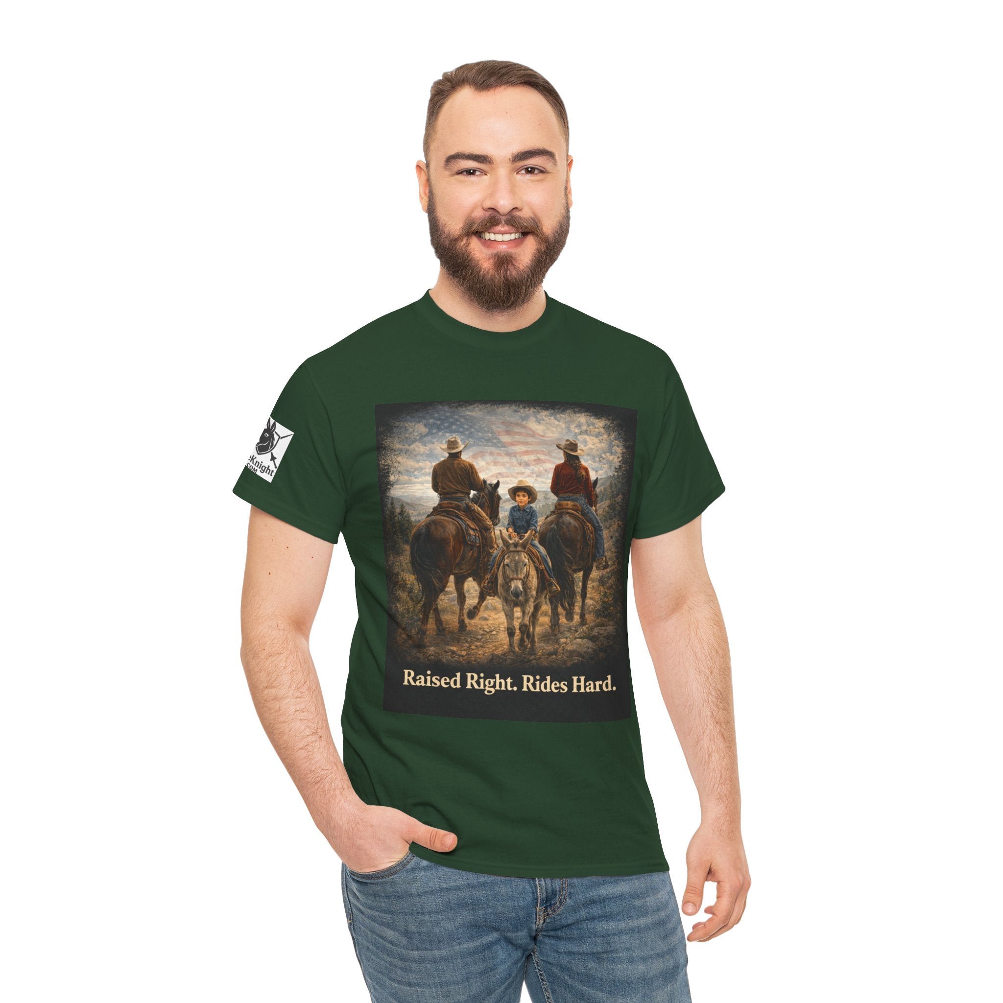 Raised Right Rides Hard USA Flag T-Shirt — Cowboy Landscape Graphic Tee