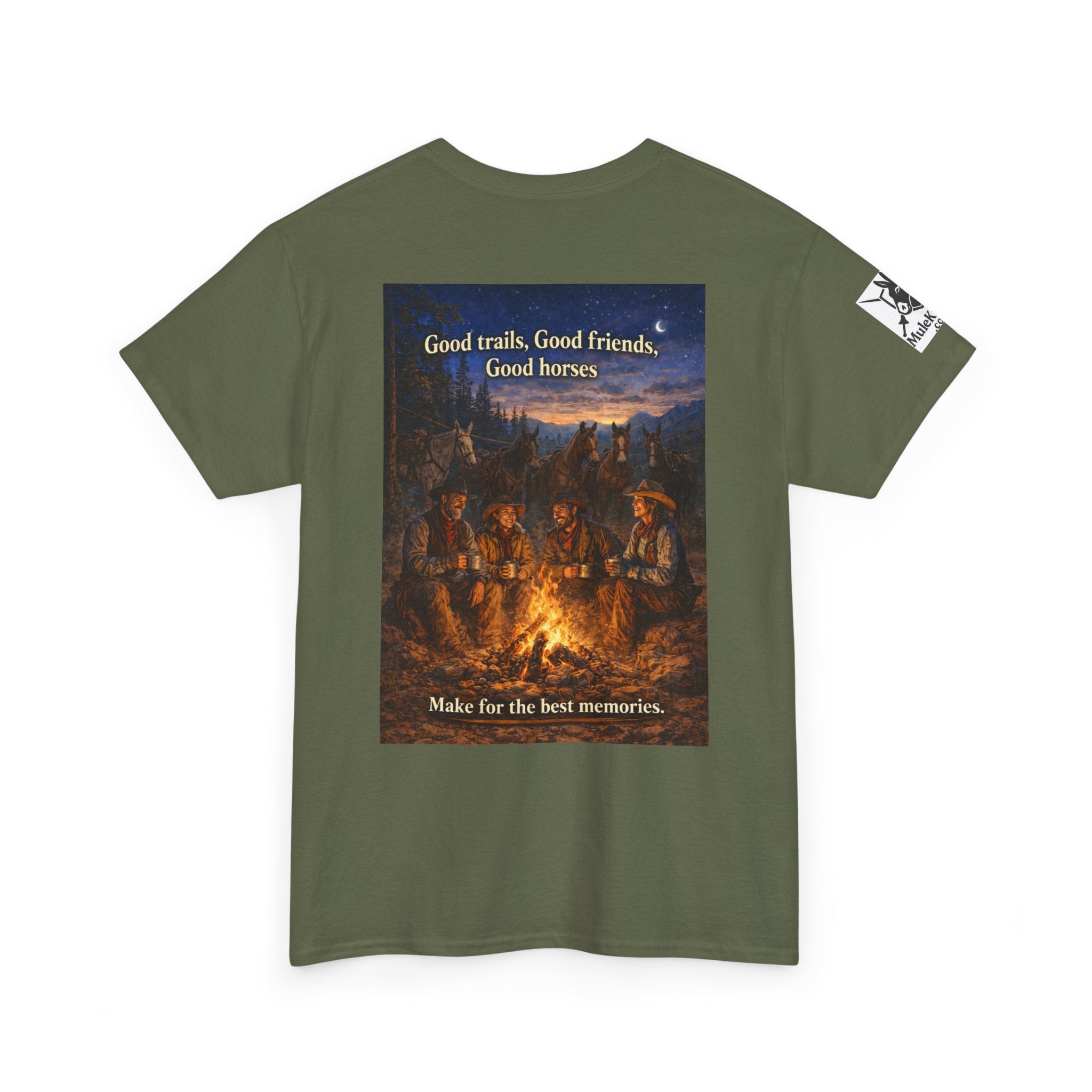 Campfire Cowboy T-Shirt — "Good Trails, Good Friends, Good Horses" Western Tee