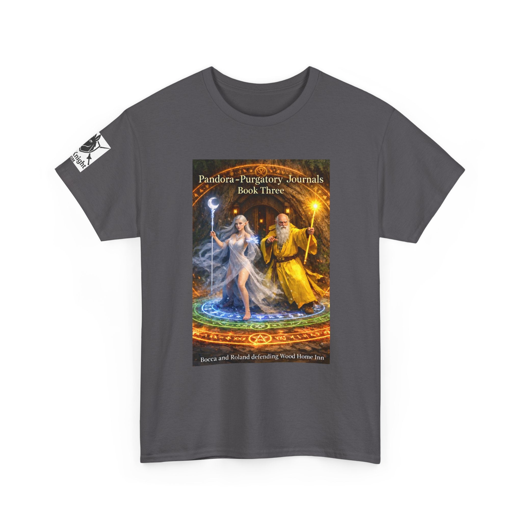 Pandora Bocca and Roland Defending Wood Home on Front - Pandora book cover on back -Purgatory Journals Book 3 -  Graphic Tee — Fantasy Novel tee