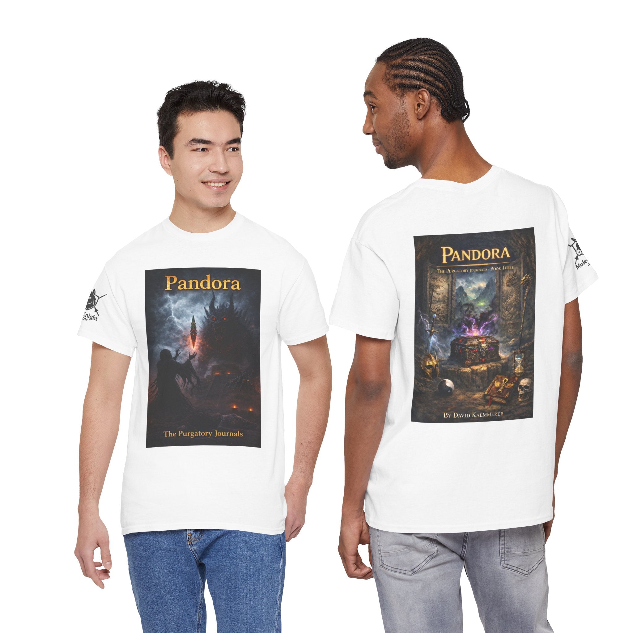 Pandora Summoning on Front - Pandora book cover on back -Purgatory Journals Book 3 -   Fantasy Novel tee