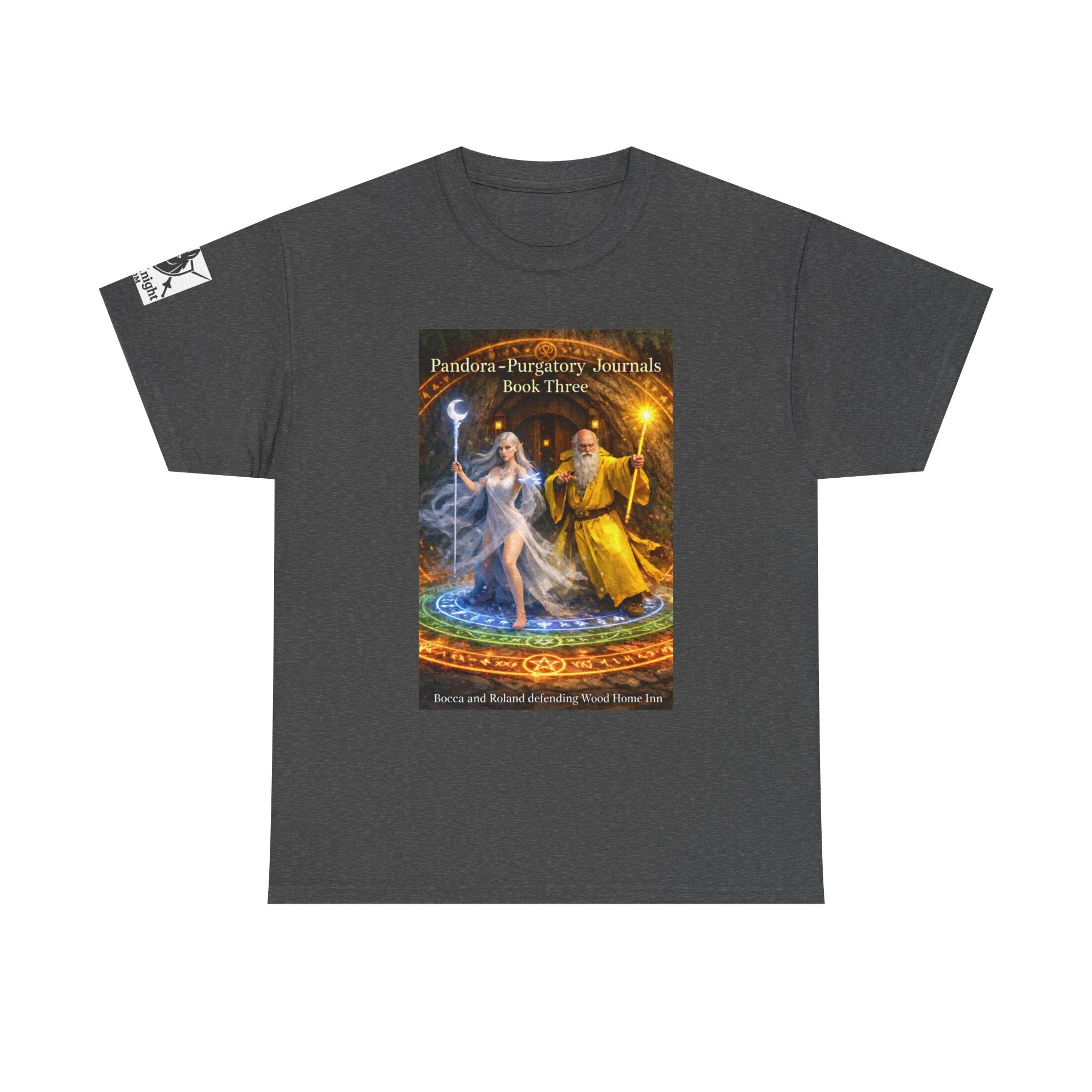 Pandora Bocca and Roland Defending Wood Home on Front - Pandora book cover on back -Purgatory Journals Book 3 -  Graphic Tee — Fantasy Novel tee
