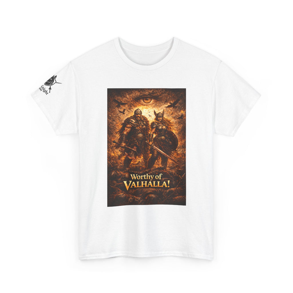 Viking shirt - Viking man and woman on battlefield of ravens - Text of Worthy of Valhalla!   Viking tee