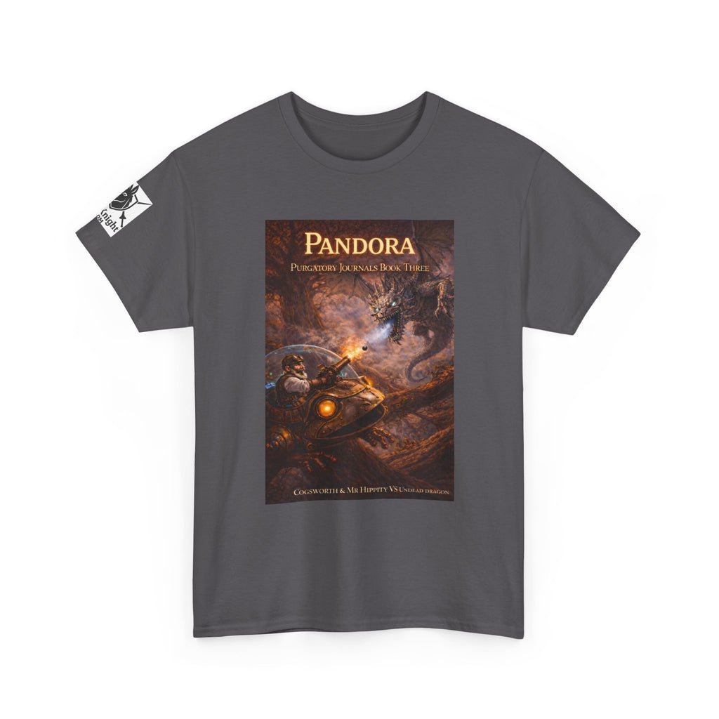Pandora Cogsworth & Mr Hippty Vs Undead Dragon on Front - Pandora book cover on back -Purgatory Journals Book 3 -  Graphic Tee — Fantasy Novel tee