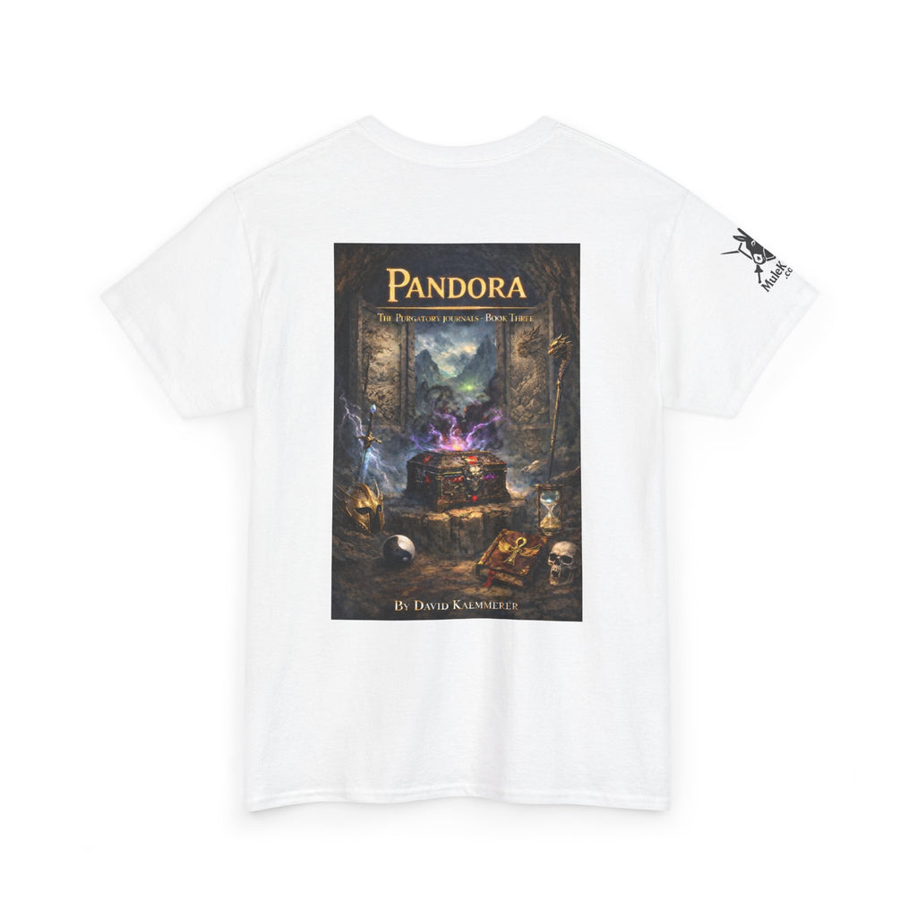 Pandora Summoning on Front - Pandora book cover on back -Purgatory Journals Book 3 -   Fantasy Novel tee