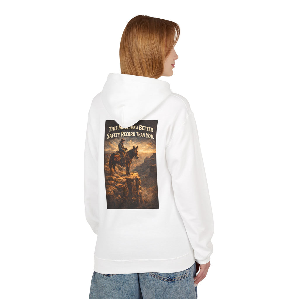 Riding Mule Graphic Hoodie – "This Mule Has a Better Safety Record Than You" Outdoor Adventure Sweatshirt