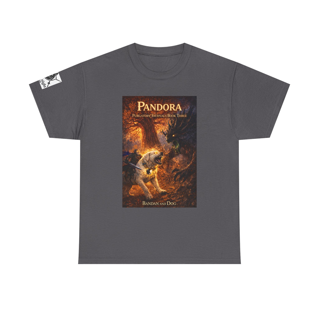 Pandora Bandan and Dog on Front - Pandora book cover on back -Purgatory Journals Book 3 -  Graphic Tee — Fantasy Novel tee