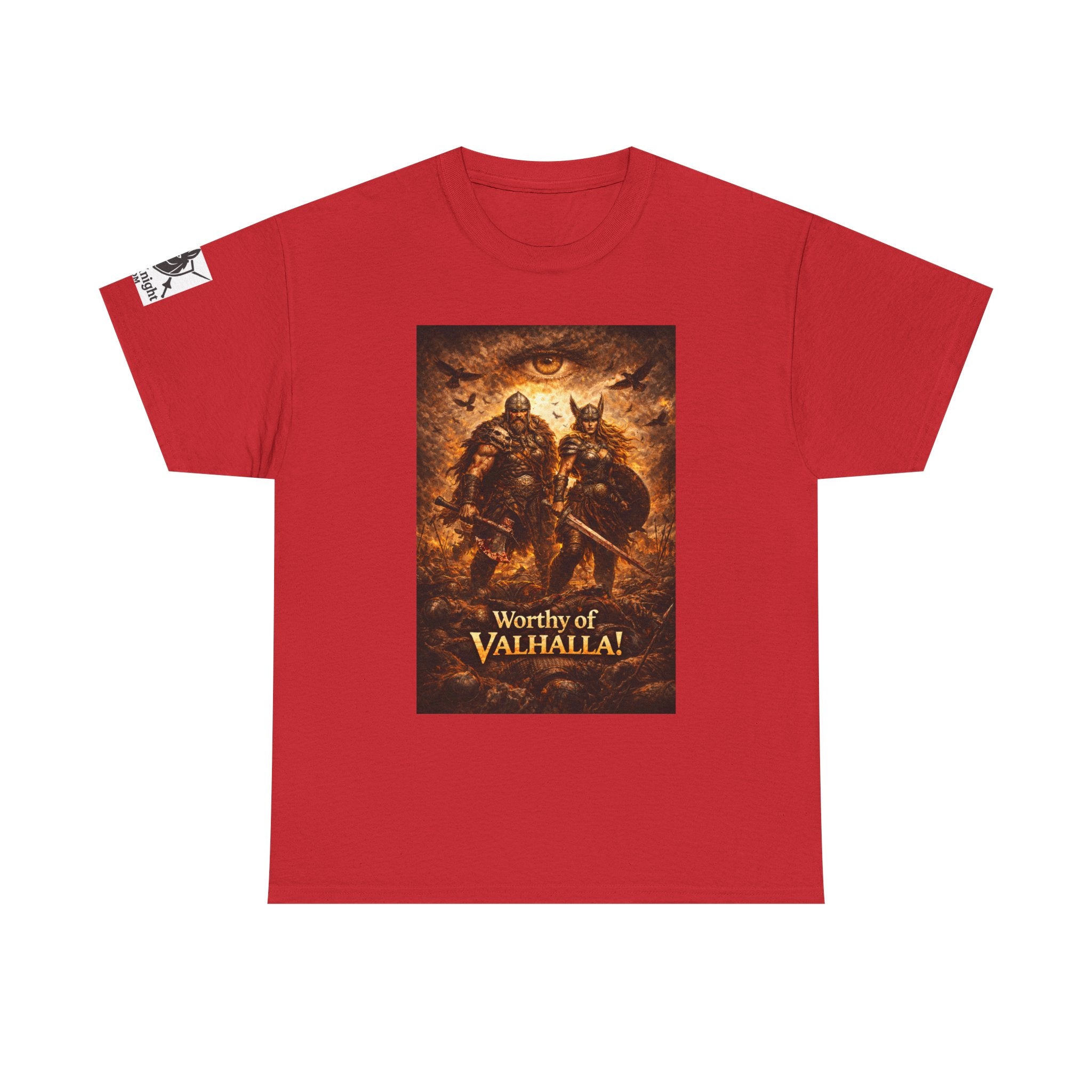 Viking shirt - Viking man and woman on battlefield of ravens - Text of Worthy of Valhalla!   Viking tee
