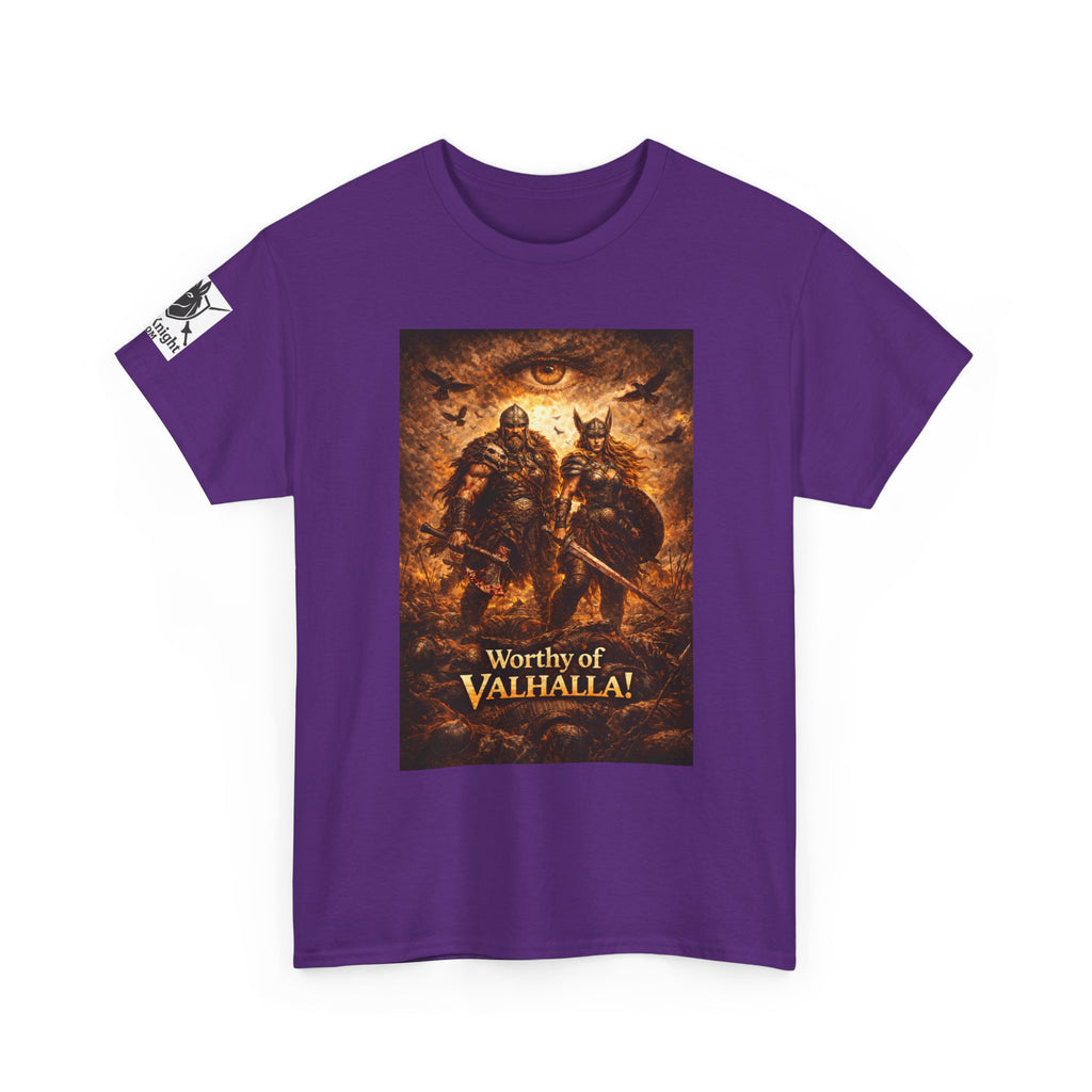 Viking shirt - Viking man and woman on battlefield of ravens - Text of Worthy of Valhalla!   Viking tee