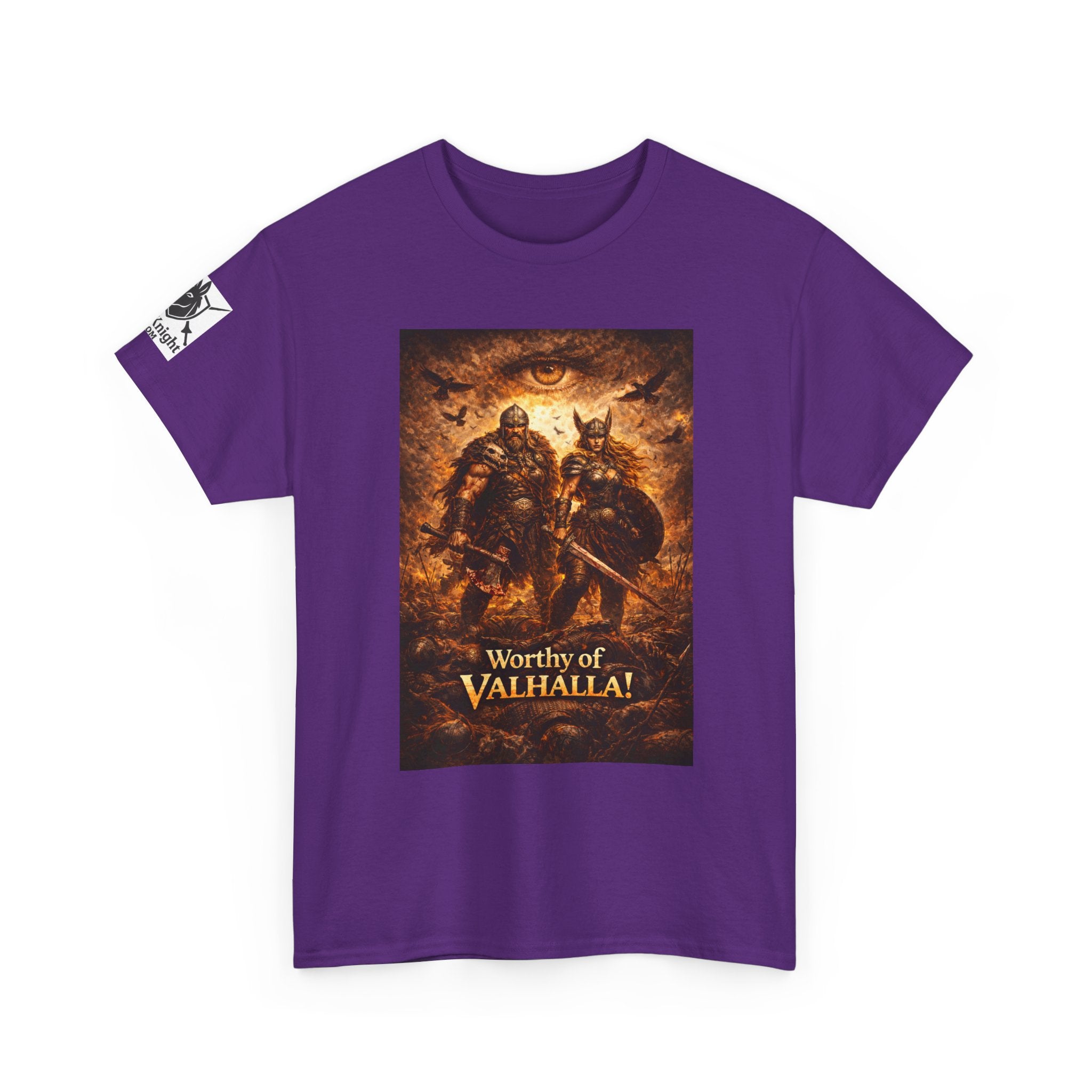 Viking shirt - Viking man and woman on battlefield of ravens - Text of Worthy of Valhalla!   Viking tee