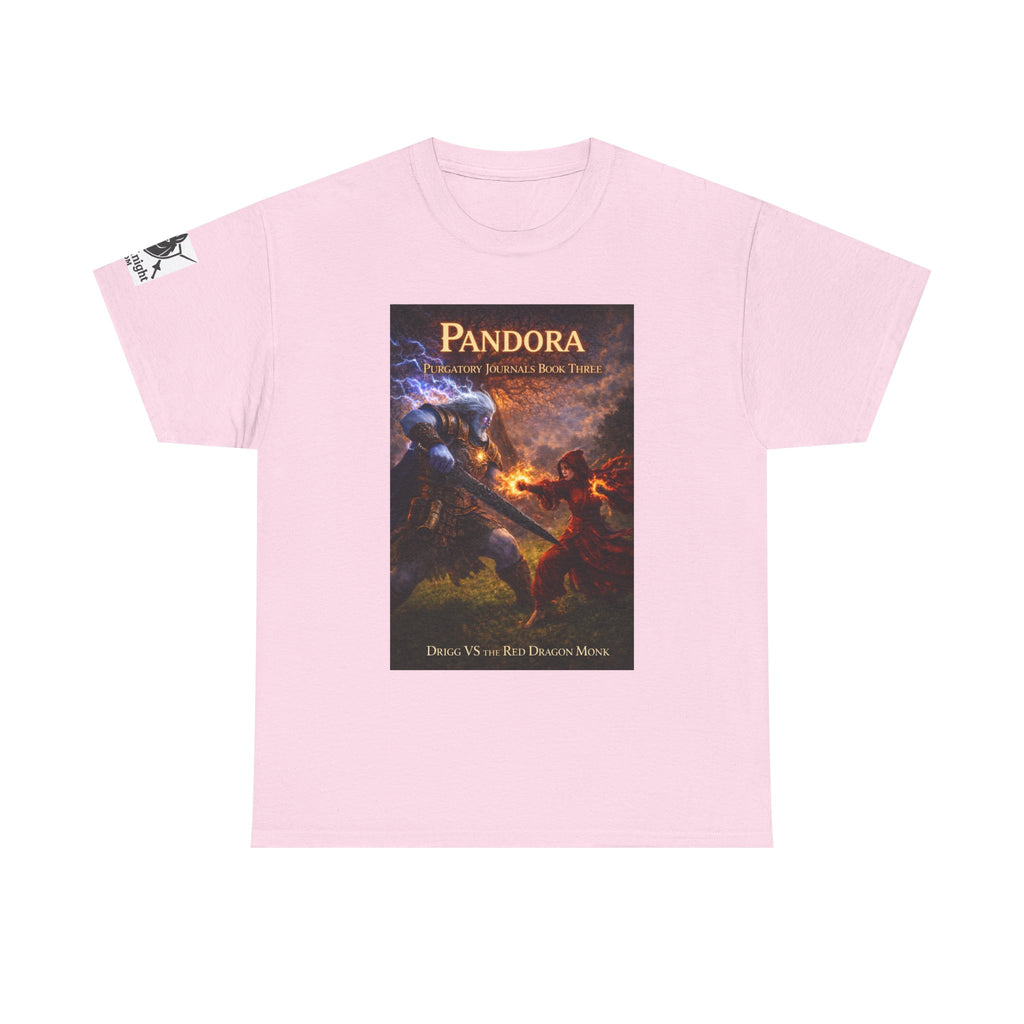 Pandora Drigg Vs Red Dragon Monk on Front - Pandora book cover on back -Purgatory Journals Book 3 -  Graphic Tee — Fantasy Novel tee