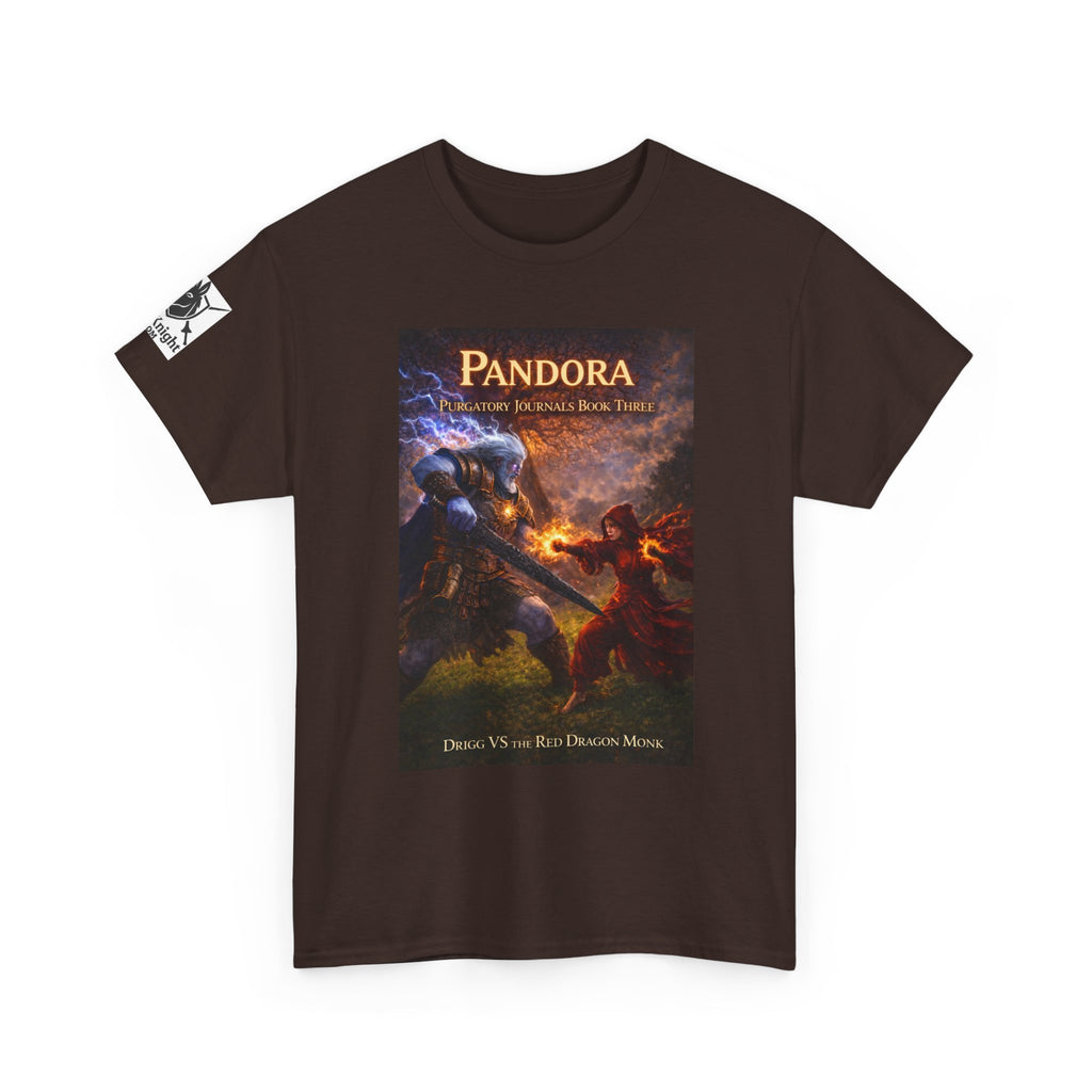 Pandora Drigg Vs Red Dragon Monk on Front - Pandora book cover on back -Purgatory Journals Book 3 -  Graphic Tee — Fantasy Novel tee