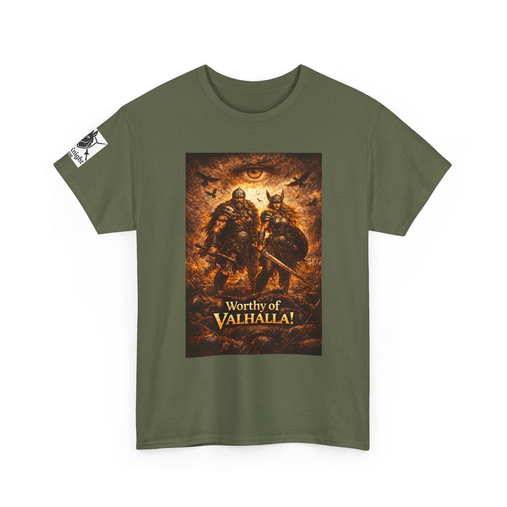 Viking shirt - Viking man and woman on battlefield of ravens - Text of Worthy of Valhalla!   Viking tee