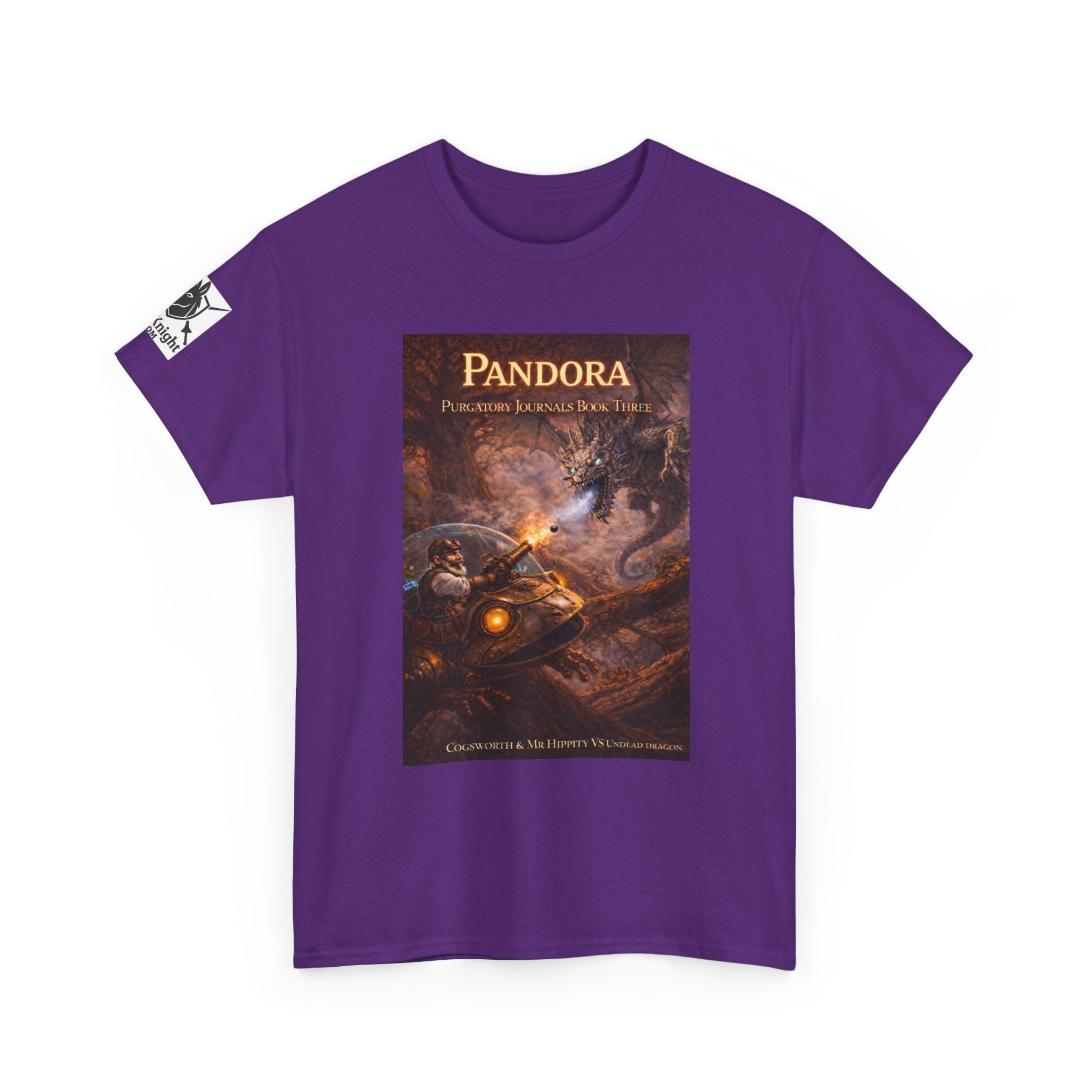 Pandora Cogsworth & Mr Hippty Vs Undead Dragon on Front - Pandora book cover on back -Purgatory Journals Book 3 -  Graphic Tee — Fantasy Novel tee